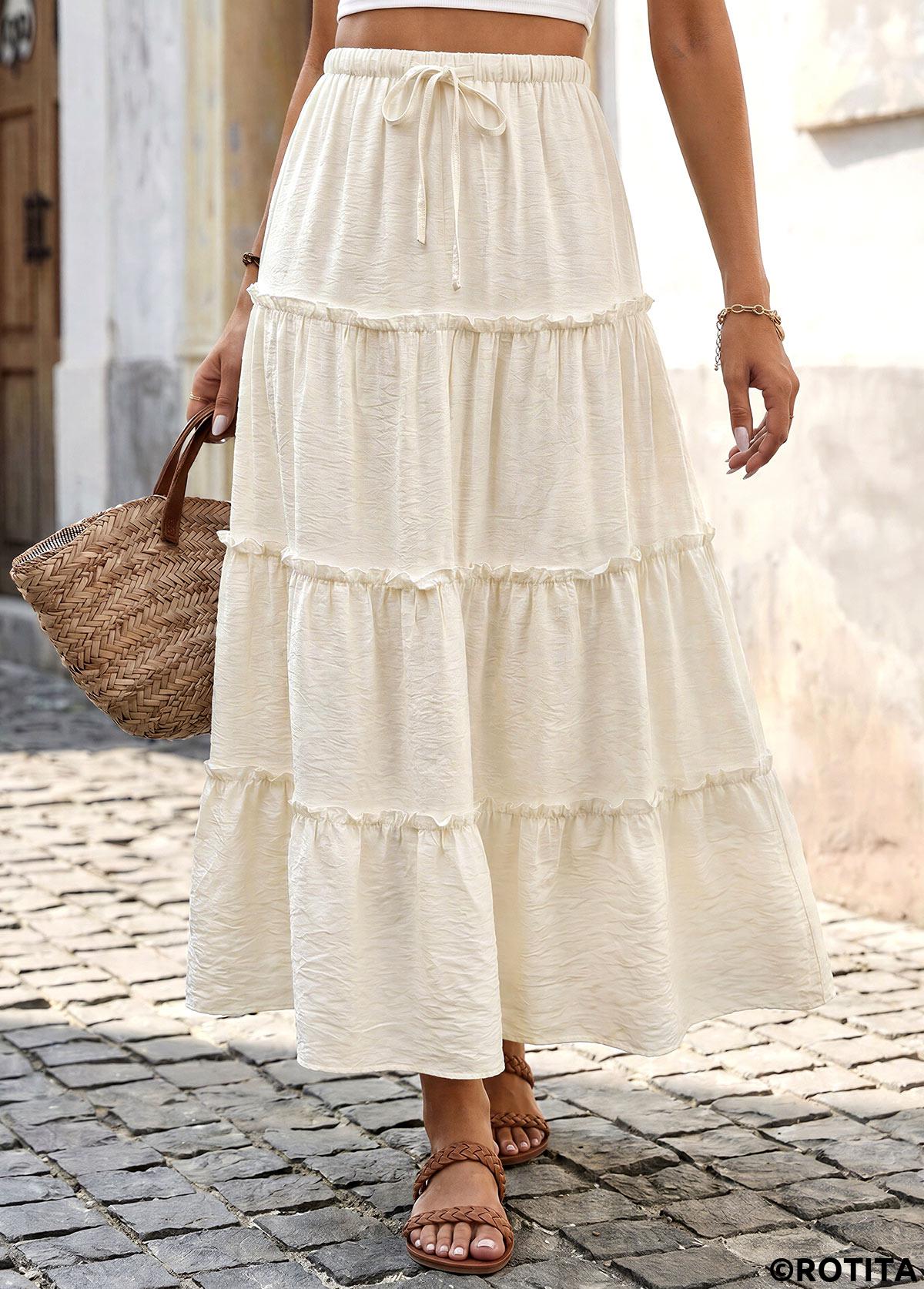 Beige bottoms,Plain Color bottoms,Beige Maxi Elastic Waist A Line Skirt
