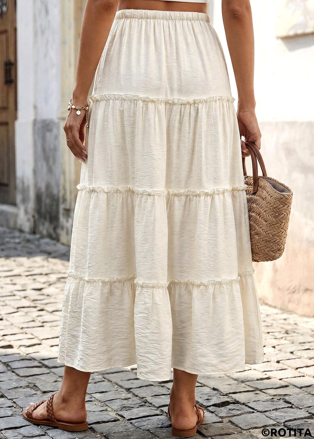 Beige bottoms,Plain Color bottoms,Beige Maxi Elastic Waist A Line Skirt
