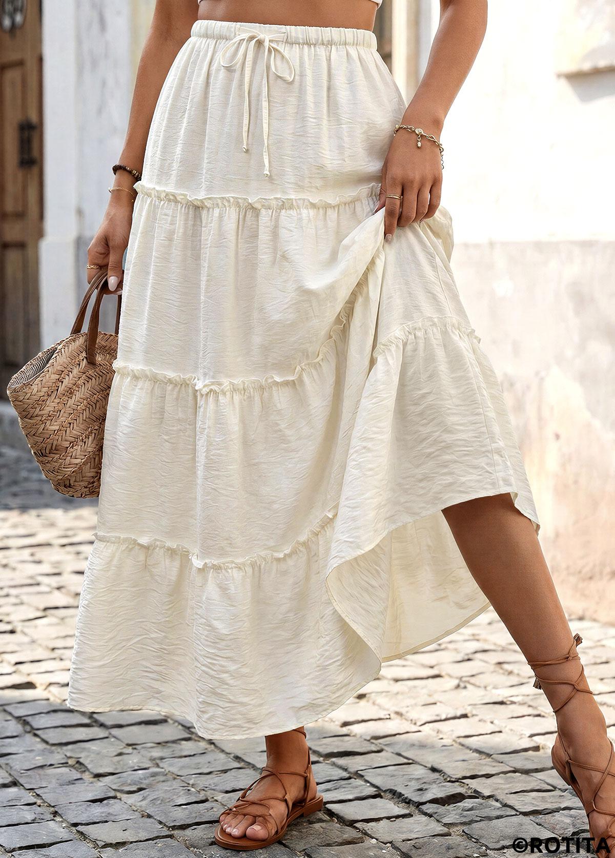 Beige bottoms,Plain Color bottoms,Beige Maxi Elastic Waist A Line Skirt