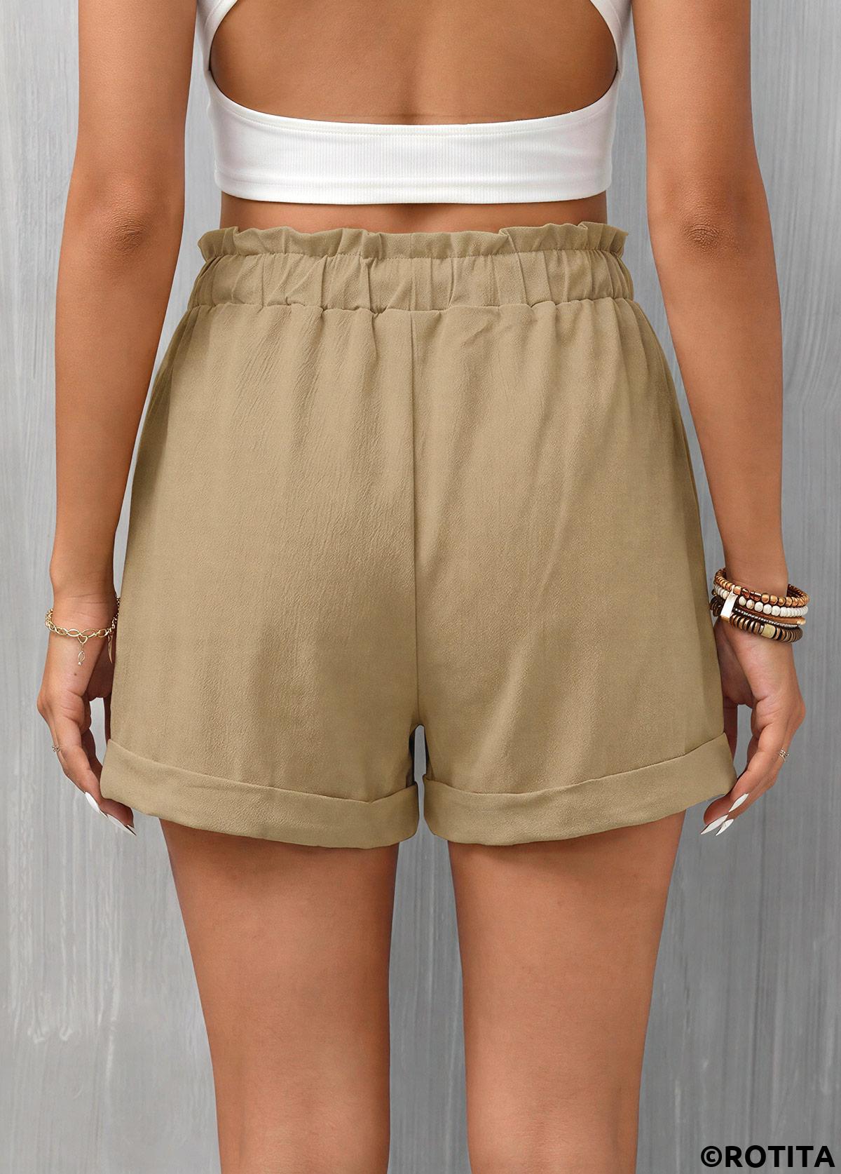 Light Camel bottoms,Plain Color bottoms,Light Camel Elastic Waist High Waisted Shorts