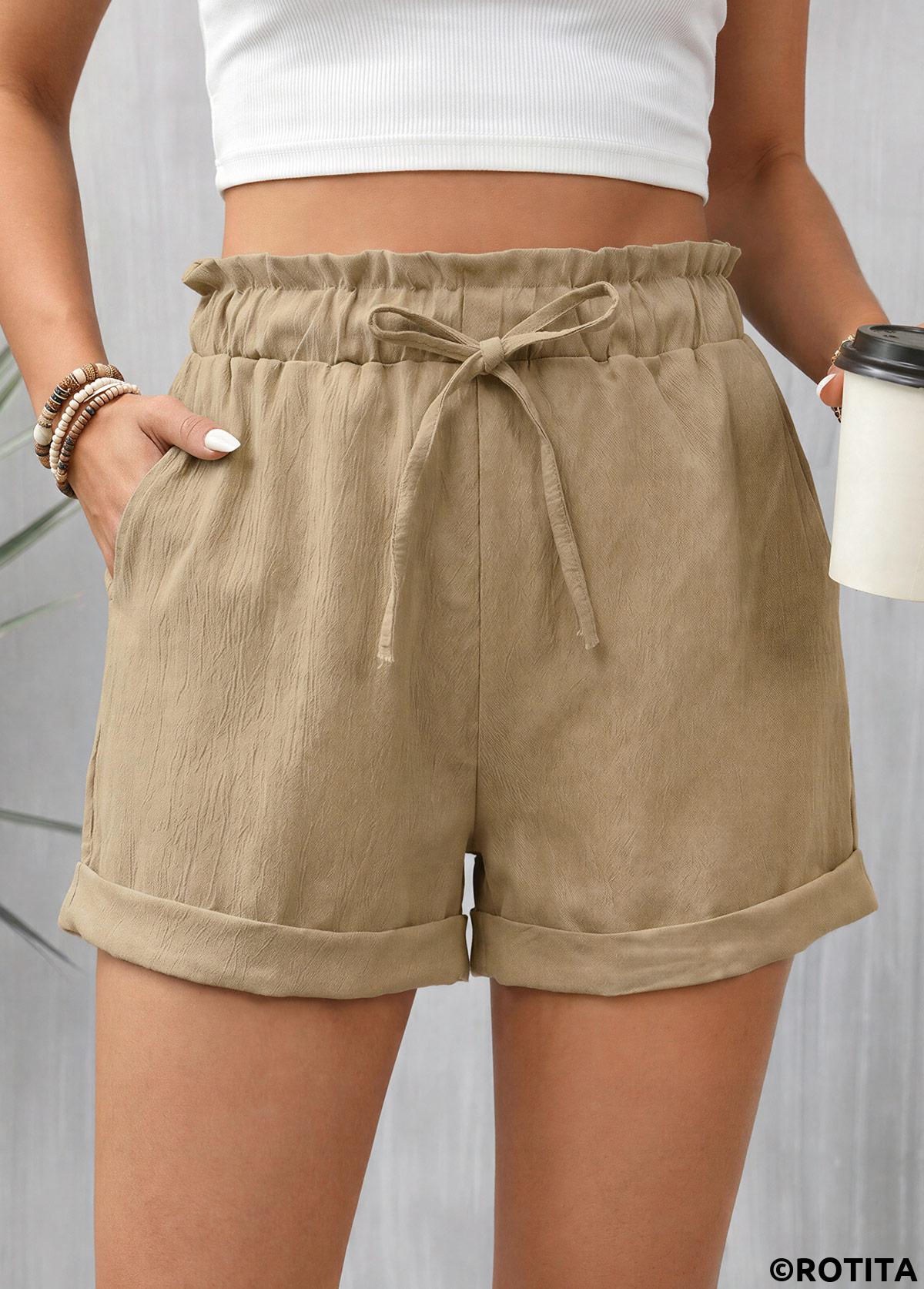 Light Camel bottoms,Plain Color bottoms,Light Camel Elastic Waist High Waisted Shorts
