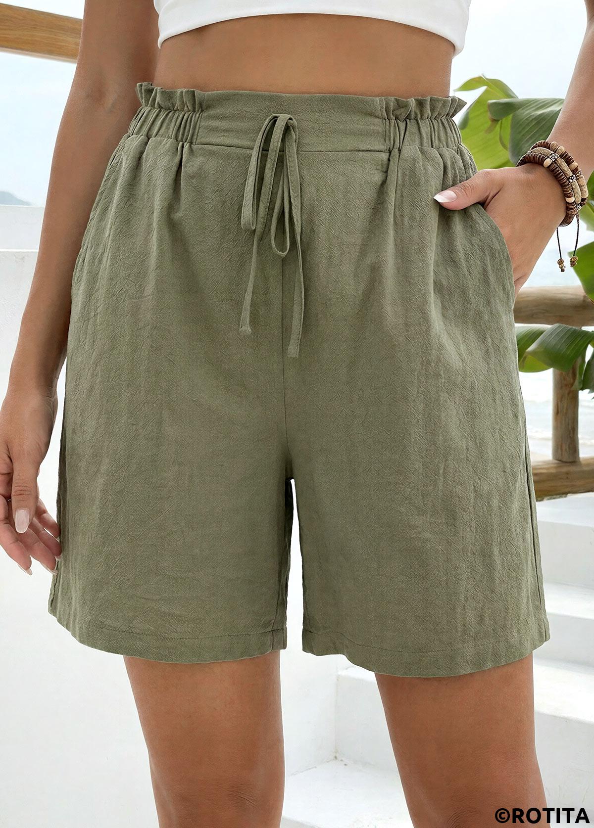 Green bottoms,Plain Color bottoms,Green Elastic Waist High Waisted Shorts