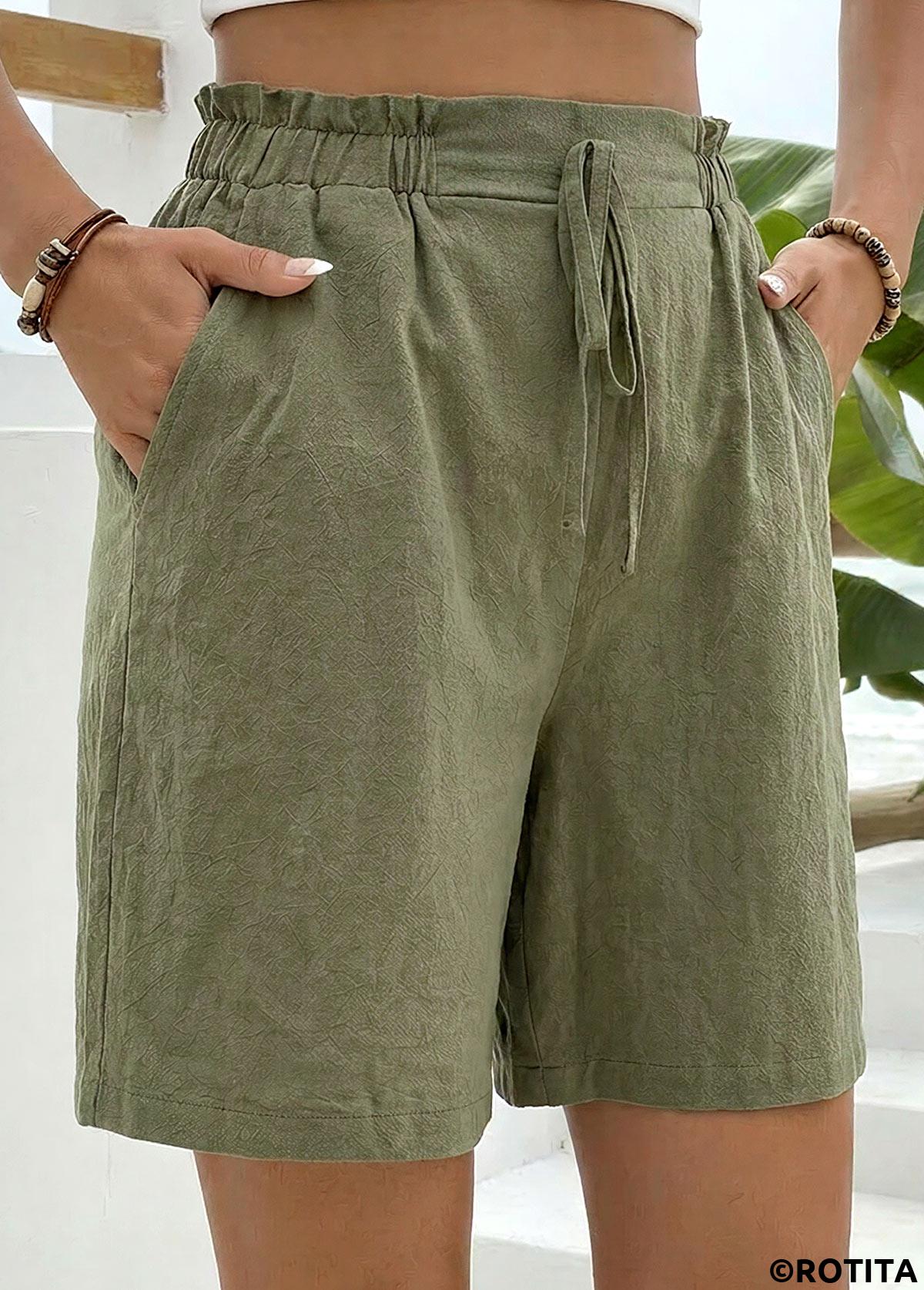 Green bottoms,Plain Color bottoms,Green Elastic Waist High Waisted Shorts