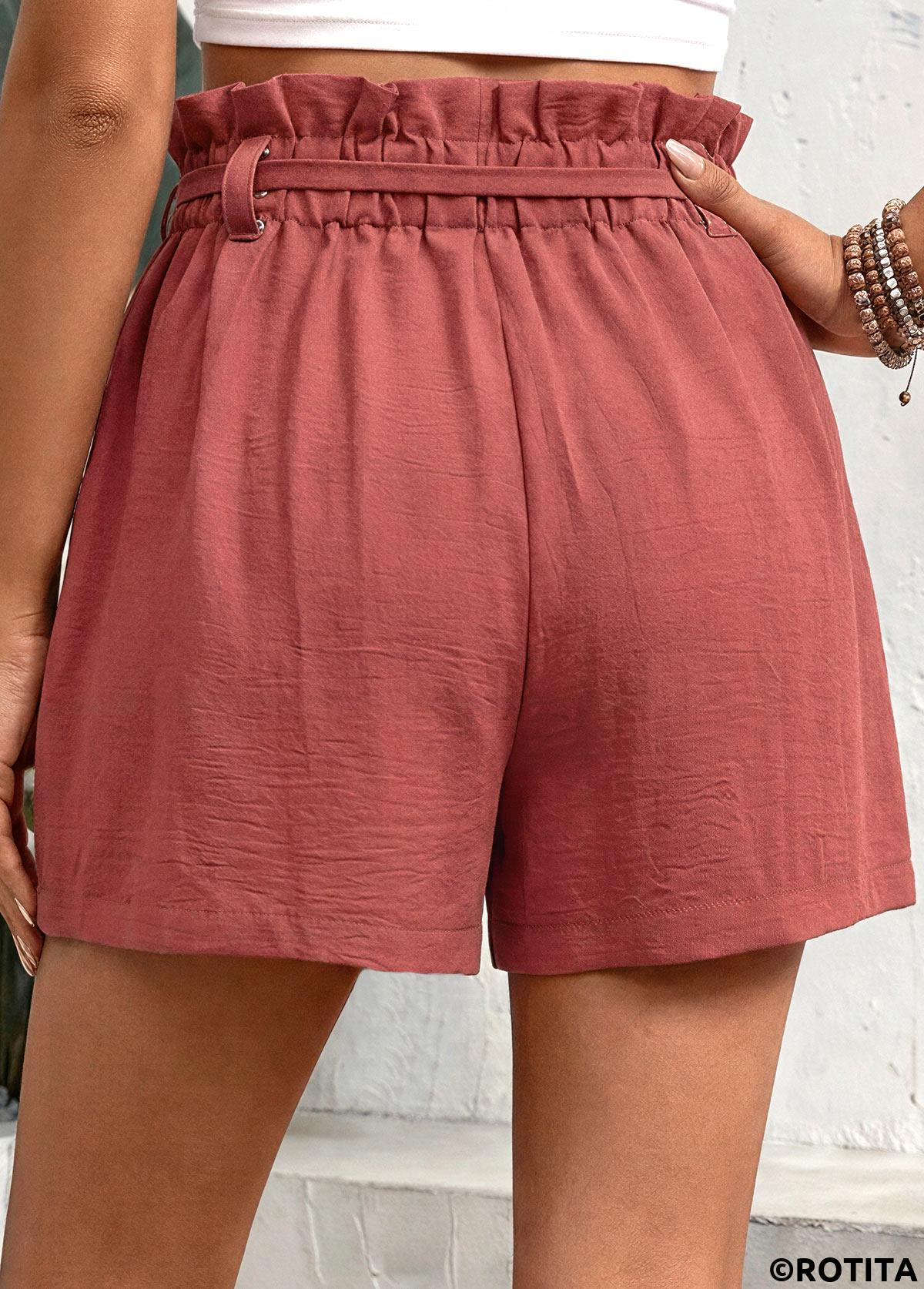 Red bottoms,Plain Color bottoms,Red Wide Leg Drawastring High Waisted Shorts