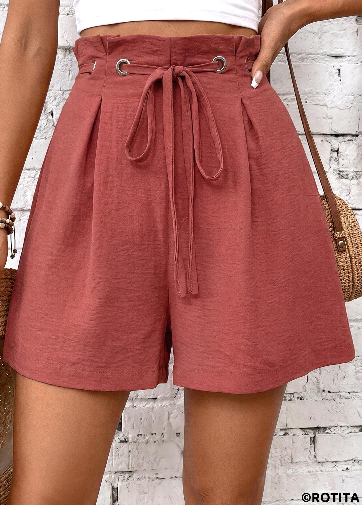Red bottoms,Plain Color bottoms,Red Wide Leg Drawastring High Waisted Shorts