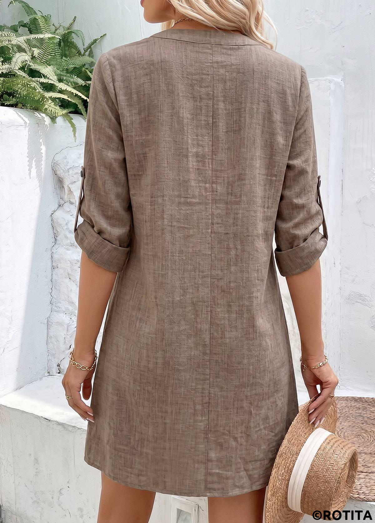 Gray Brown dresses,Plain Color dresses,Everyday dresses,Casual dresses,ROTITA Gray Brown Tummy Coverage Short Split Neck Dress
