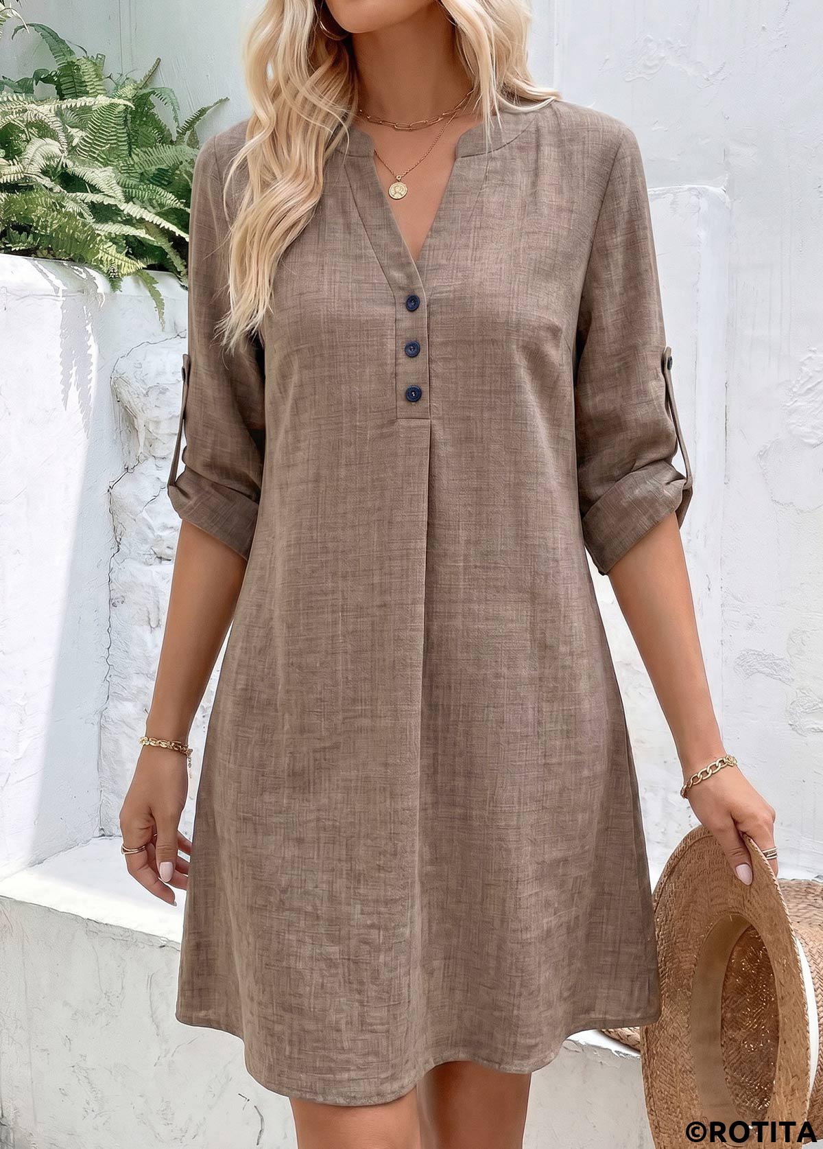 Gray Brown dresses,Plain Color dresses,Everyday dresses,Casual dresses,ROTITA Gray Brown Tummy Coverage Short Split Neck Dress