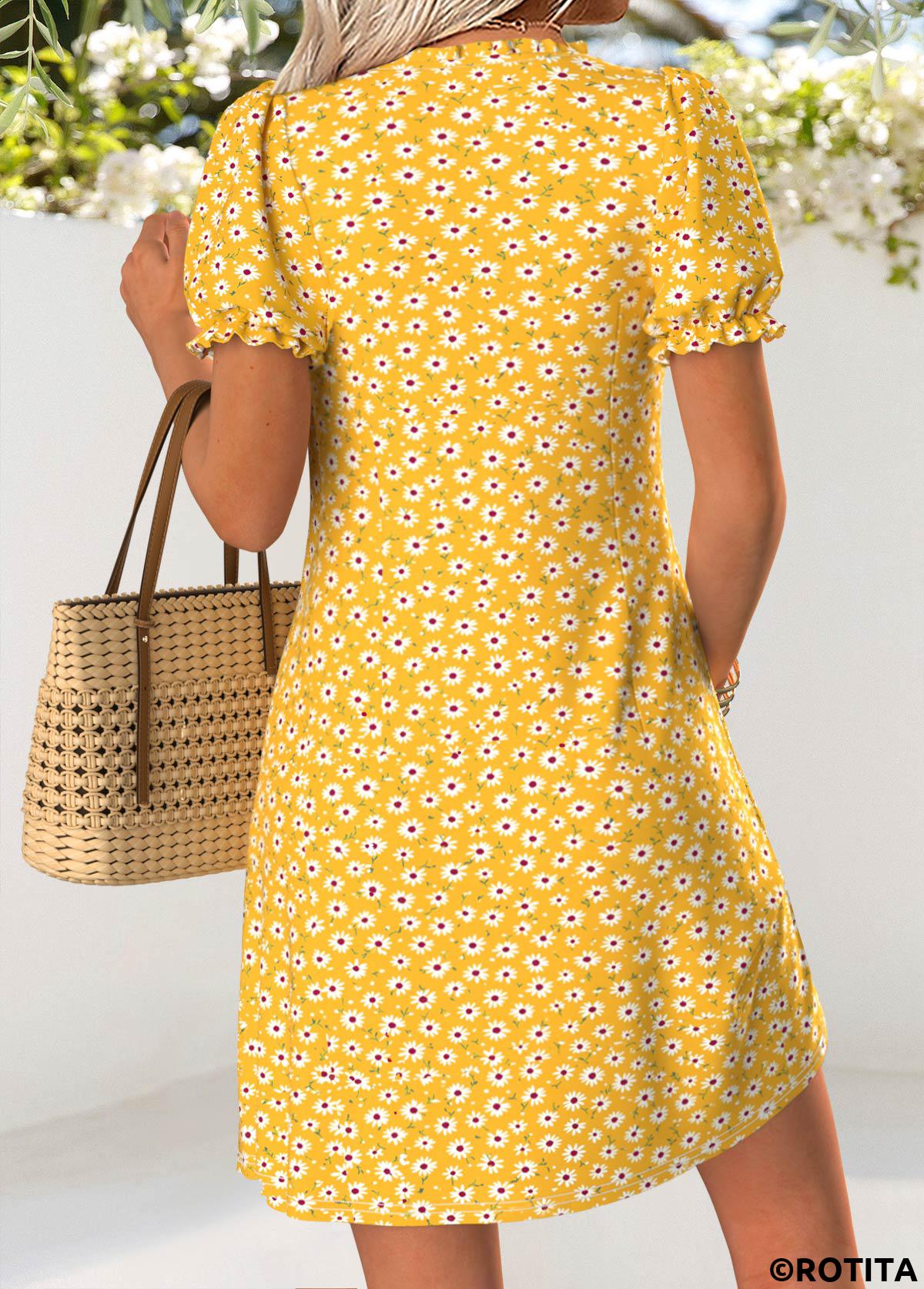 Yellow dresses,Ditsy Floral dresses,Vacation dresses,Vacation dresses,ROTITA Yellow Ditsy Floral Print Tuck Stitch Short Dress