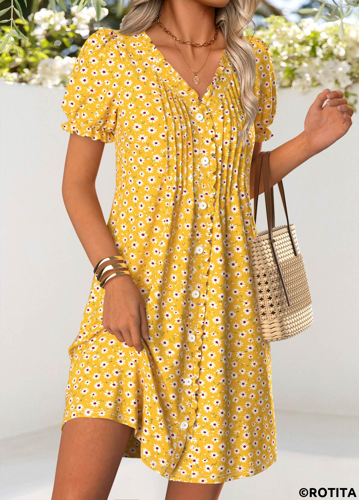 Yellow dresses,Ditsy Floral dresses,Vacation dresses,Vacation dresses,ROTITA Yellow Ditsy Floral Print Tuck Stitch Short Dress