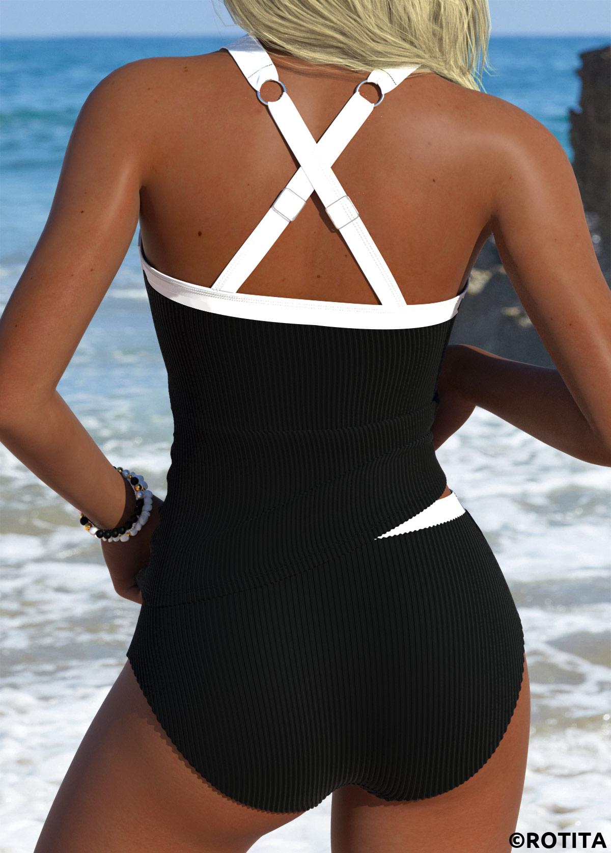 Black swimwear,Contrast Color swimwear,ROTITA Black Mid Waisted Square Neck Tankini Set