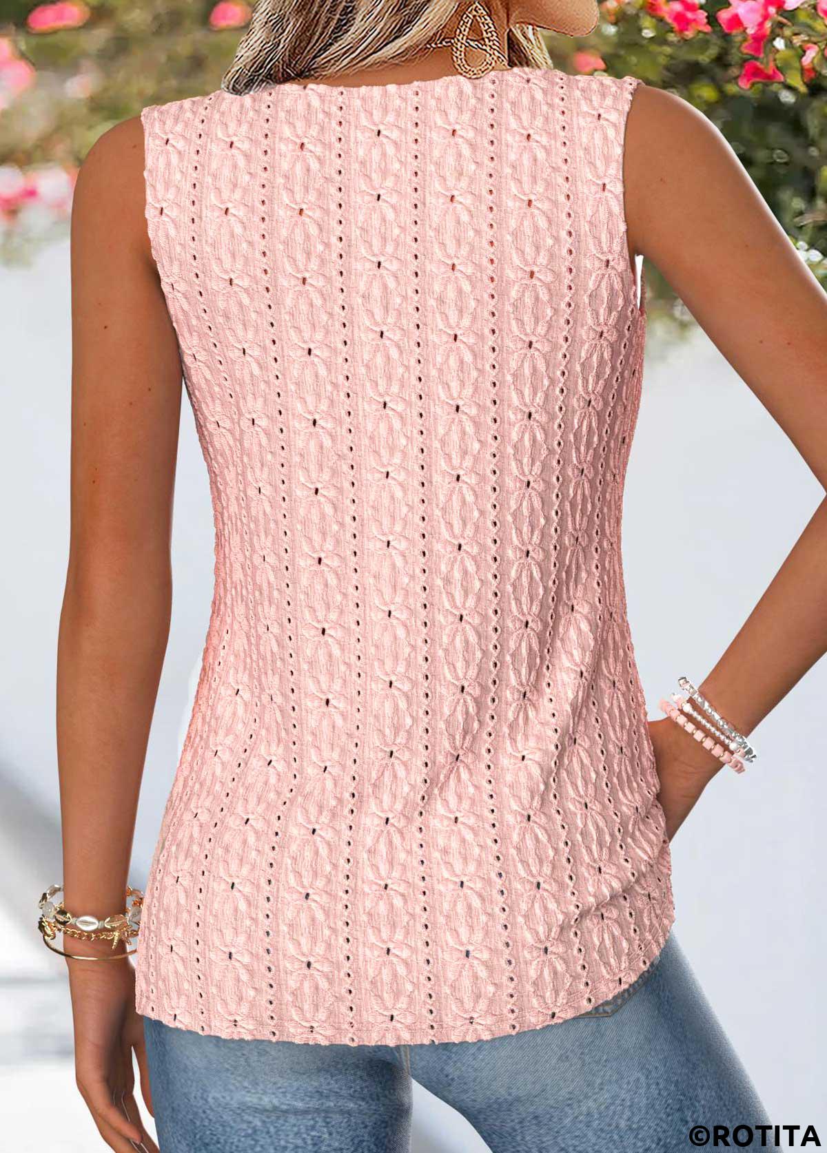 Pink tops,Plain Color tops,ROTITA Patchwork Pink Round Neck Sleeveless Tank Top