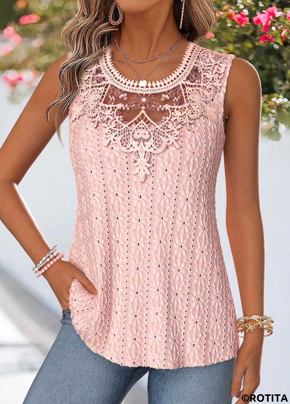 Pink tops,Plain Color tops,ROTITA Patchwork Pink Round Neck Sleeveless Tank Top