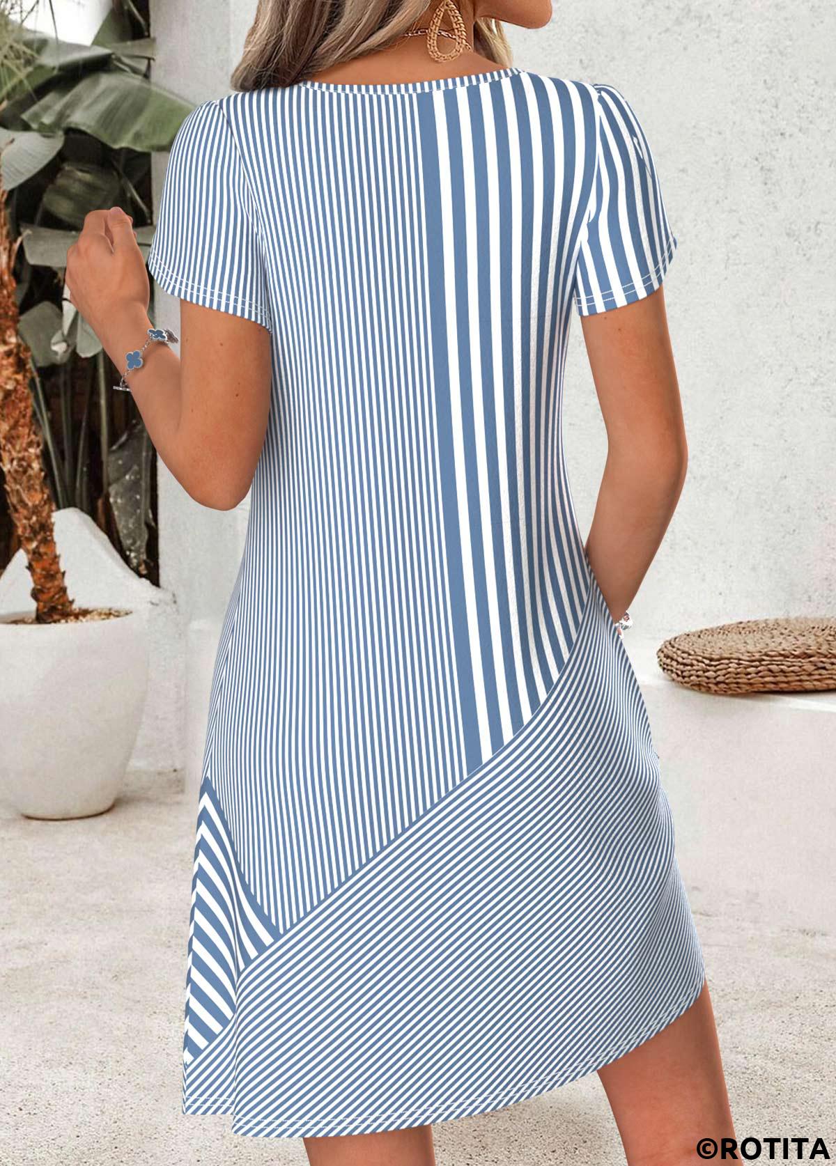 Blue dresses,Striped dresses,Geometric dresses,Everyday dresses,Casual dresses,ROTITA Blue Striped Asymmetry Short Asymmetrical Neck Dress