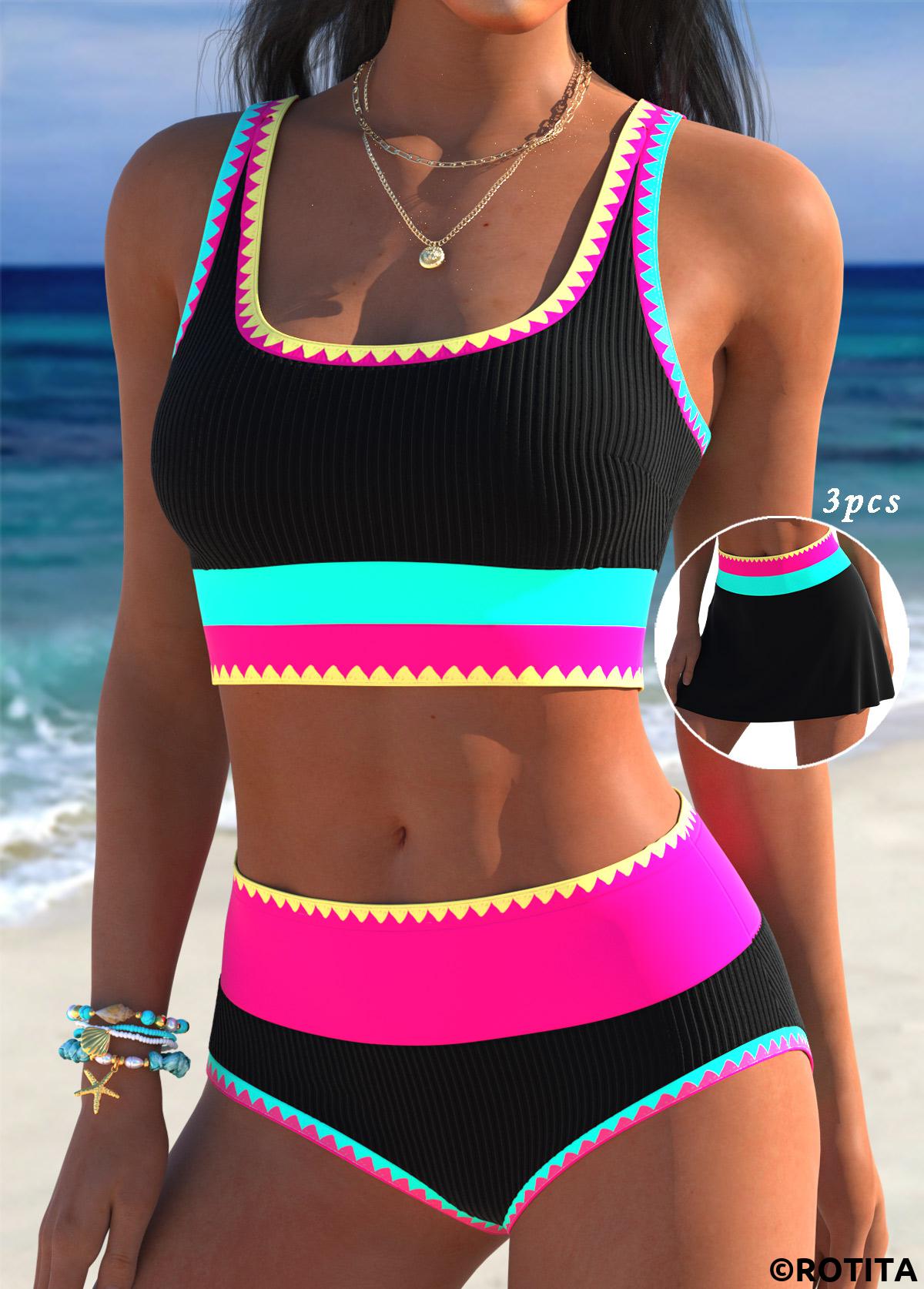 Multi Color swimwear,Plain Color swimwear,ROTITA Multi Color Mid Waisted Bikini Set