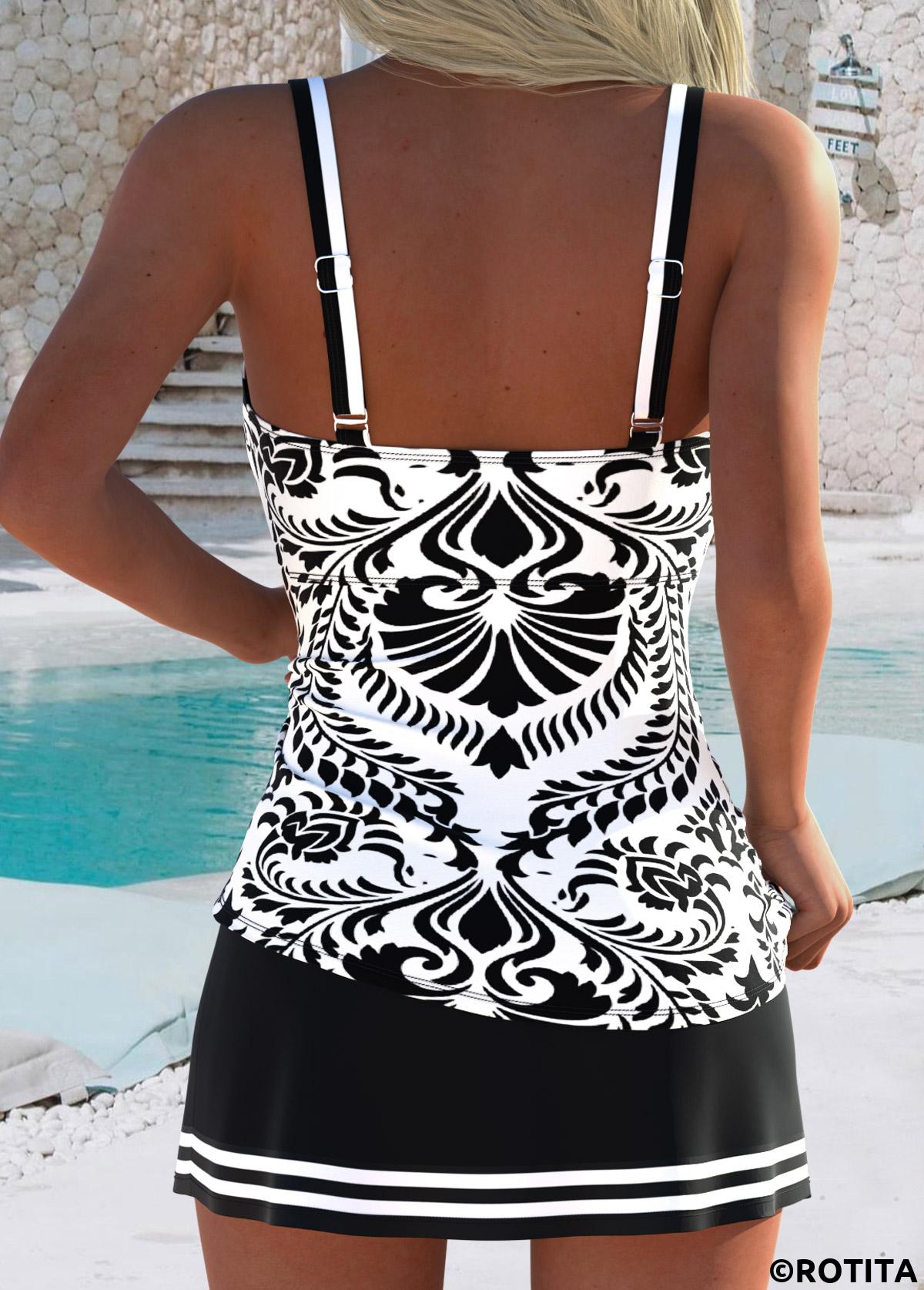 Beige swimwear,Tribal swimwear,ROTITA Beige Thigh Slimmer Tribal Print Mid Waisted Tankini Set