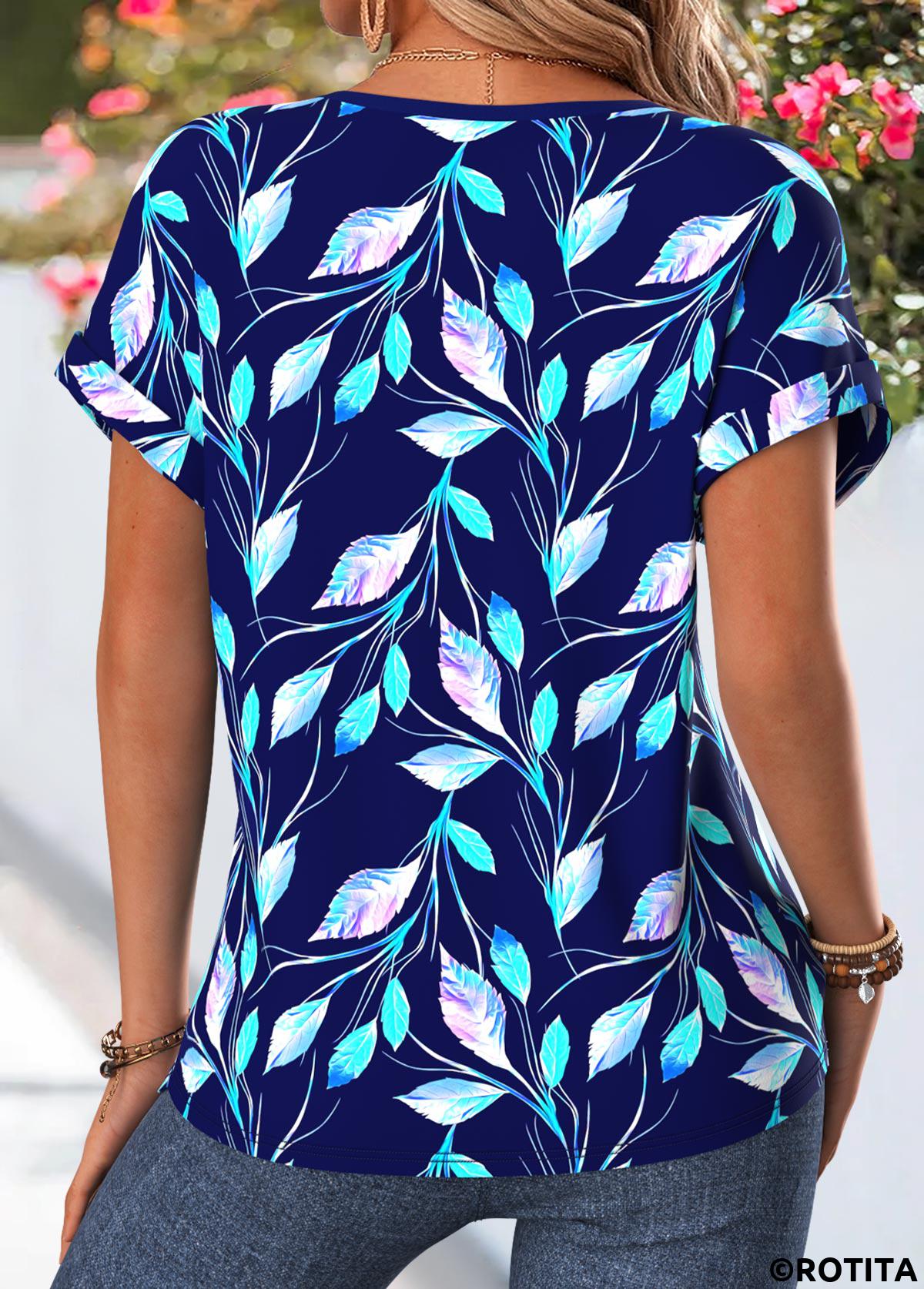 Dark Blue tops,Plants tops,ROTITA Tummy Coverage Floral Print Multi Color Split Neck Blouse