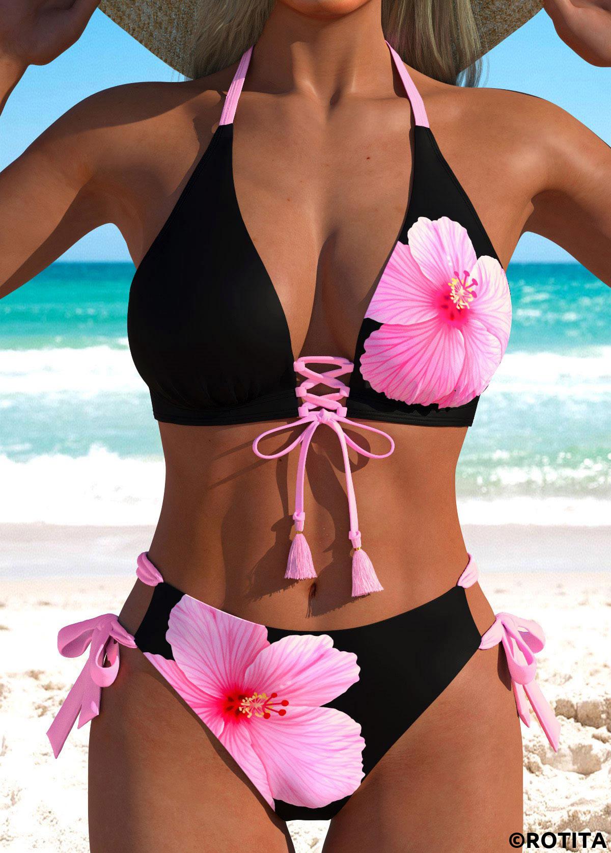 Black swimwear,Floral swimwear,Plants swimwear,ROTITA Black Lace Up Floral Print Mid Waisted Bikini Set