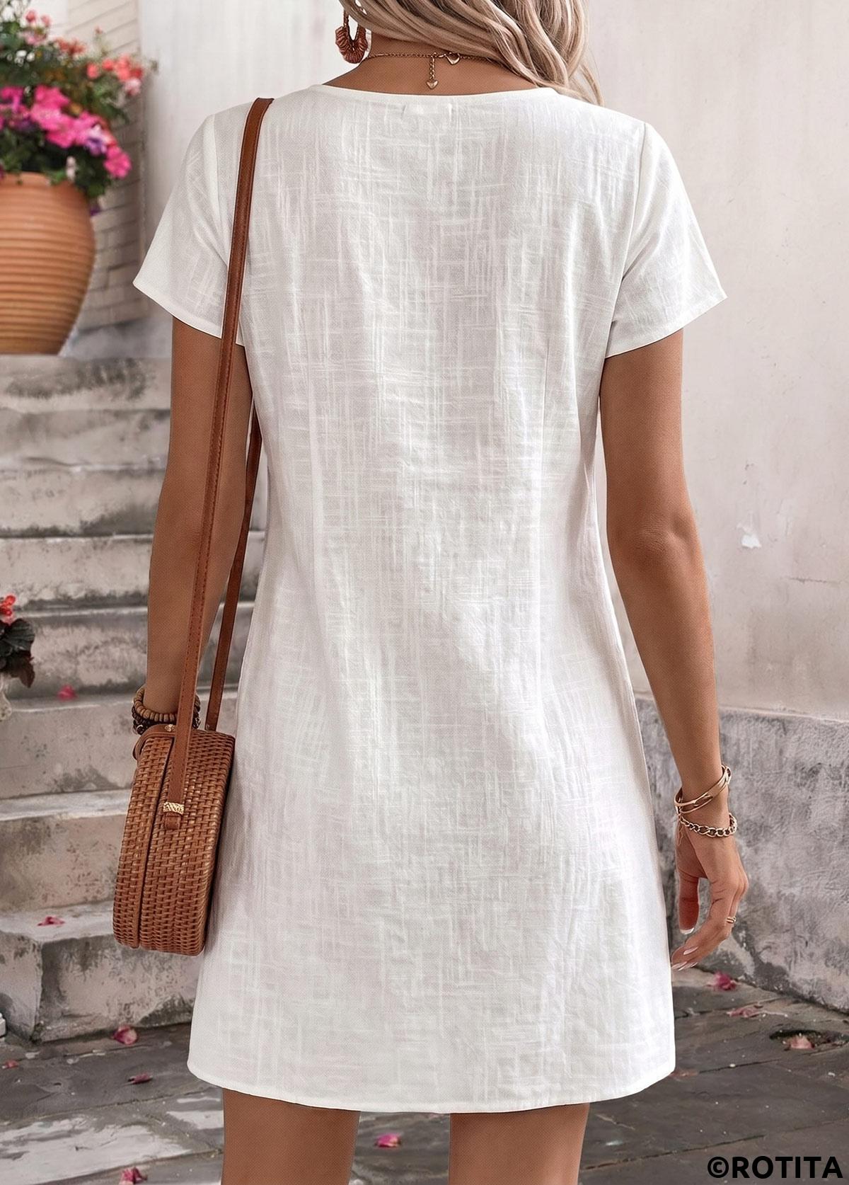 White dresses,Plain Color dresses,Everyday dresses,Casual dresses,ROTITA White Tuck Stitch Short Split Neck Dress