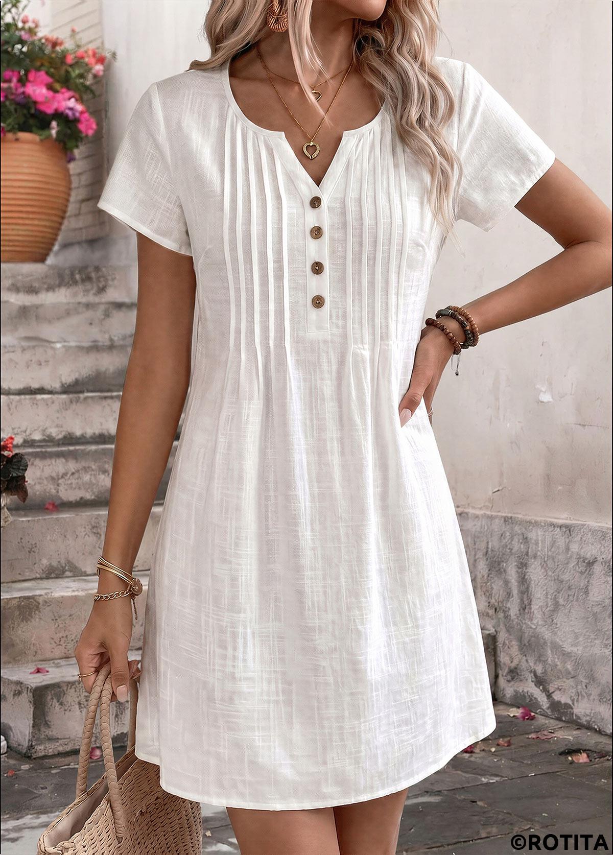 White dresses,Plain Color dresses,Everyday dresses,Casual dresses,ROTITA White Tuck Stitch Short Split Neck Dress
