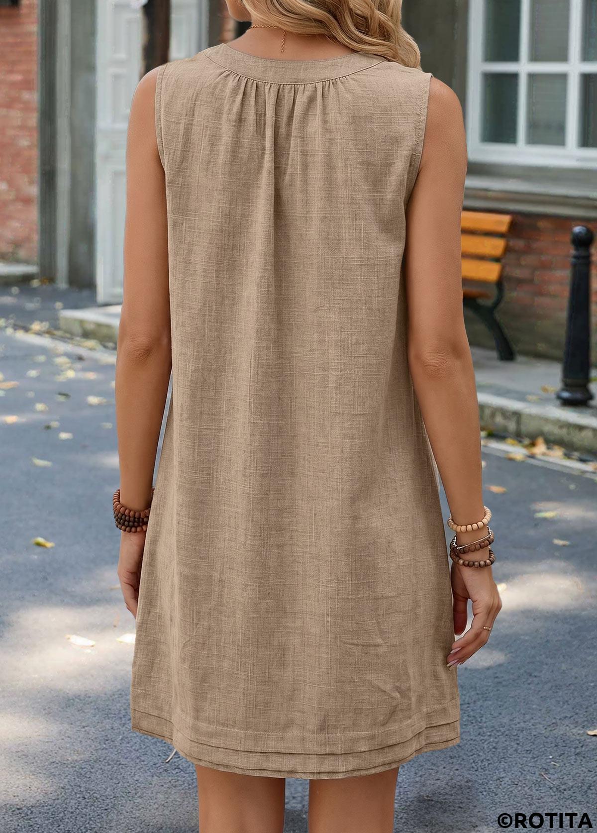 Gray Brown dresses,Plain Color dresses,Everyday dresses,Casual dresses,ROTITA Gray Brown Shirred Short Split Neck Sleeveless Dress