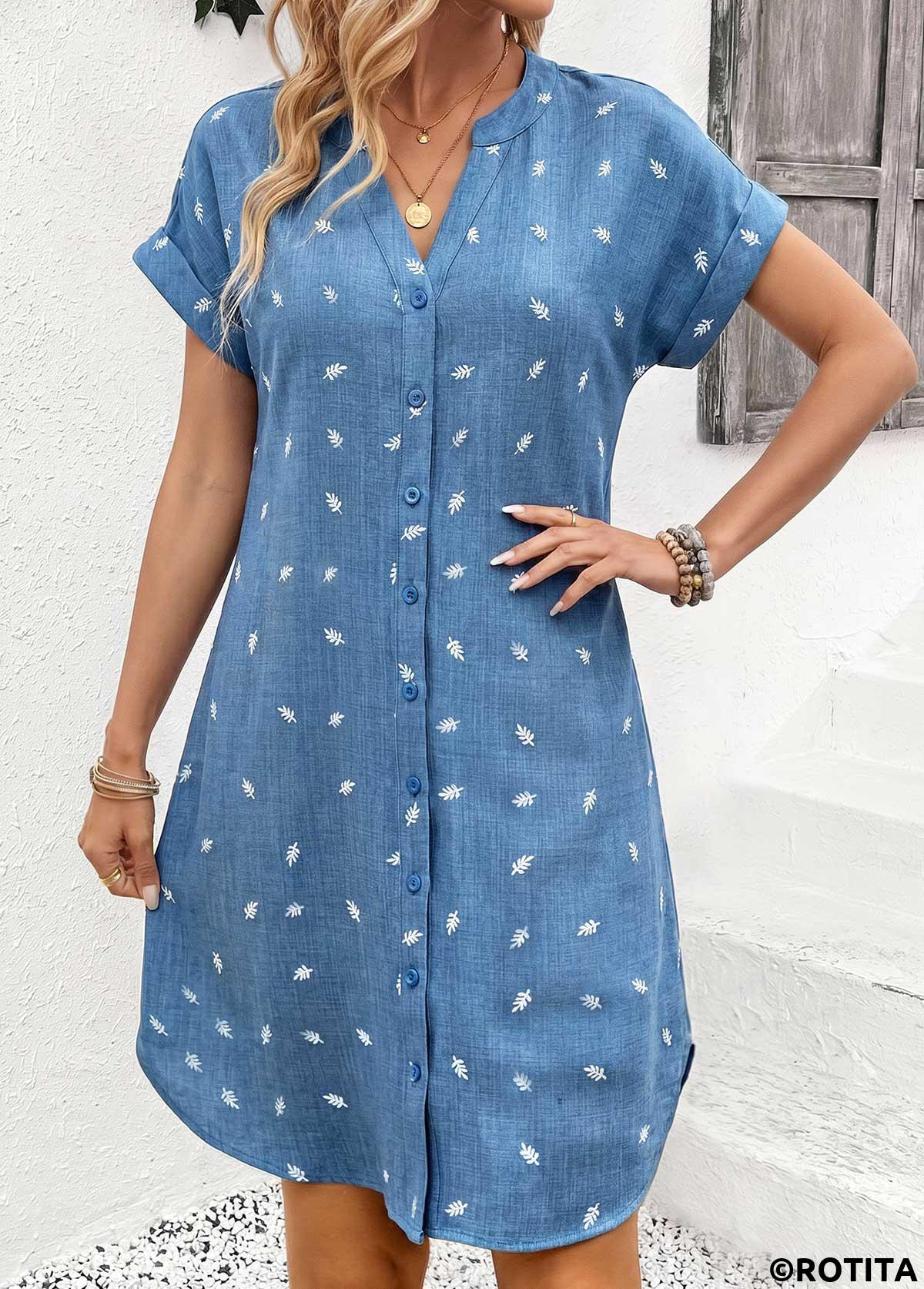 Denim Blue dresses,Plants dresses,Everyday dresses,Casual dresses,ROTITA Denim Blue Leaf Print Tummy Coverage Split Neck Dress