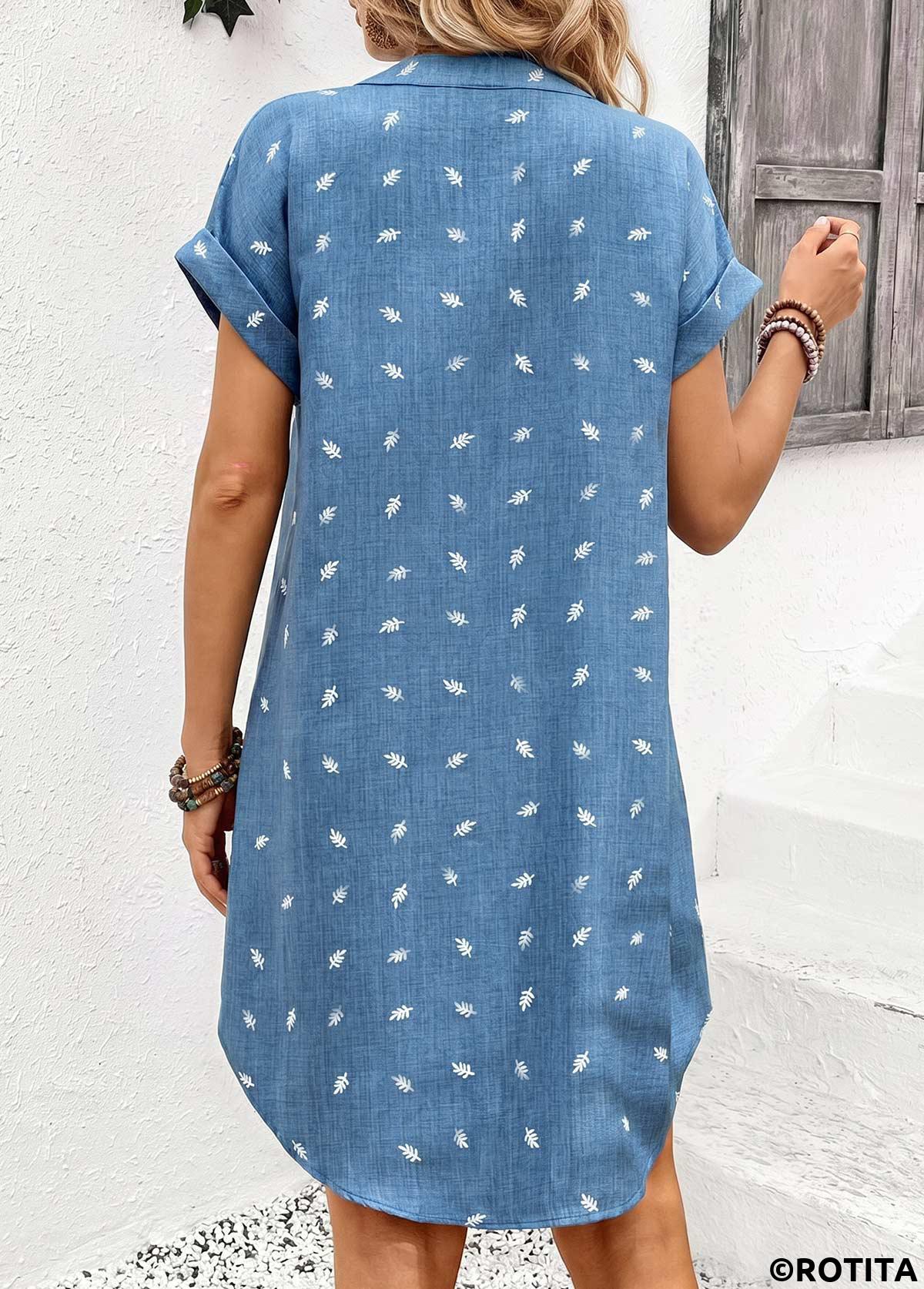 Denim Blue dresses,Plants dresses,Everyday dresses,Casual dresses,ROTITA Denim Blue Leaf Print Tummy Coverage Split Neck Dress
