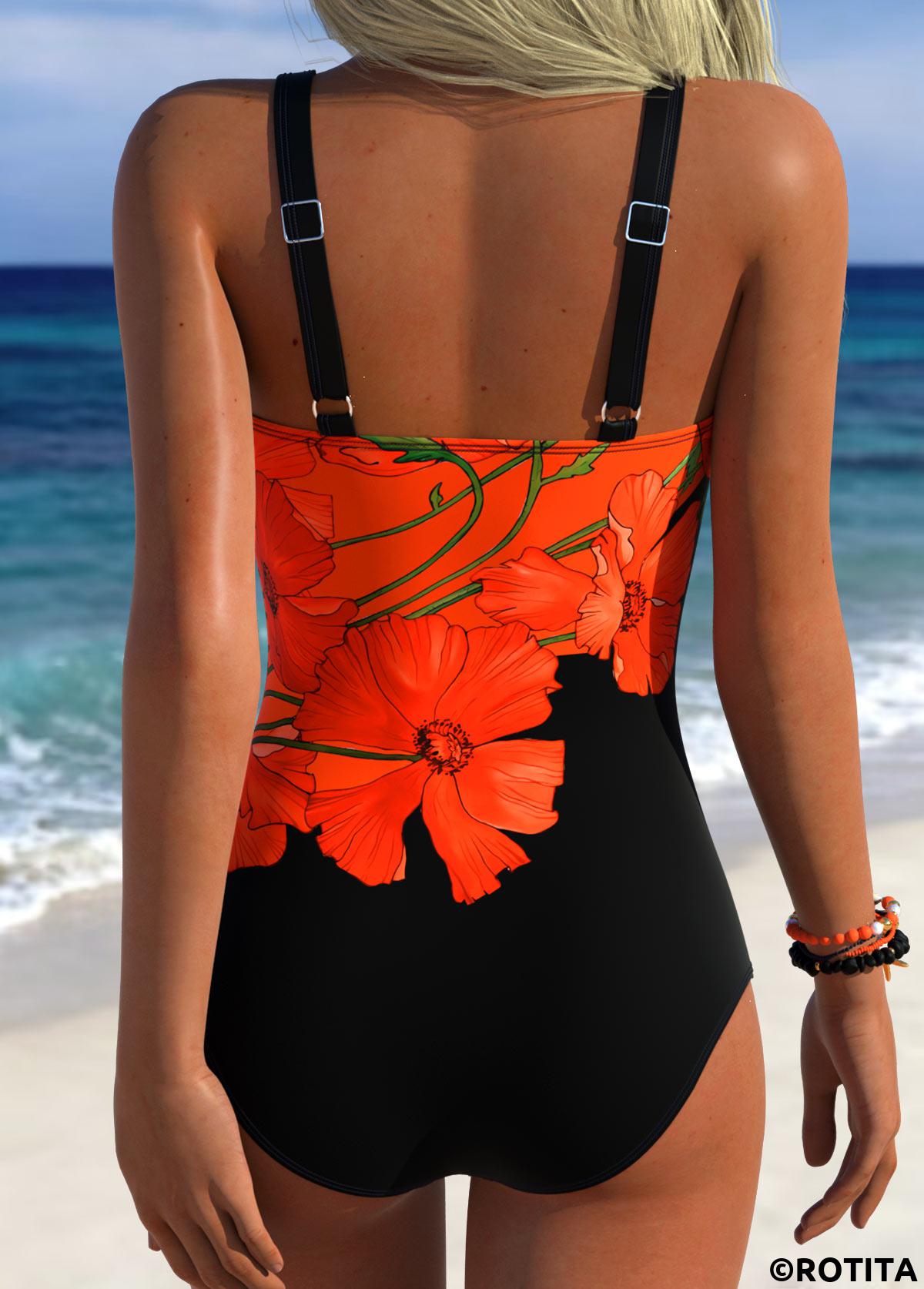 Black swimwear,Plants swimwear,ROTITA Black Adjustable Tie Tropical Plants Print One Piece Swimwear