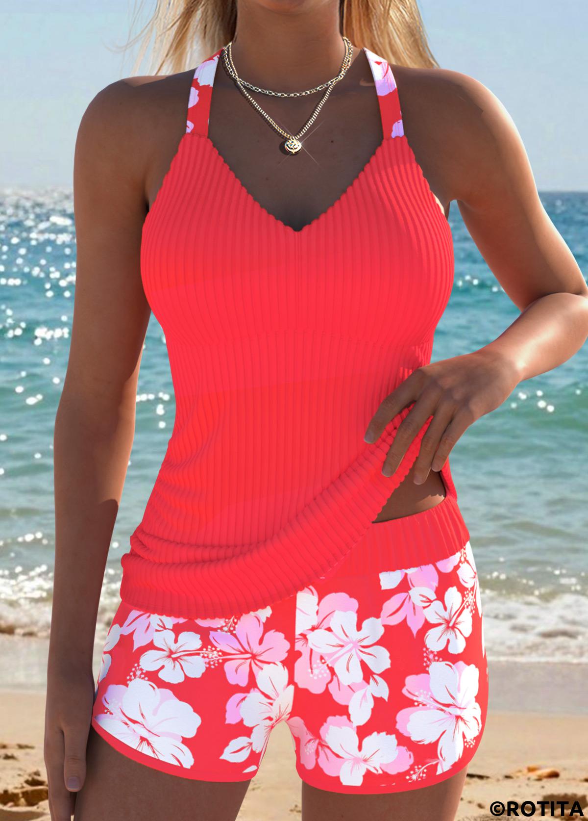 Orange swimwear,Floral swimwear,Plants swimwear,ROTITA Orange Two-piece Floral Print Mid Waisted Tankini Set