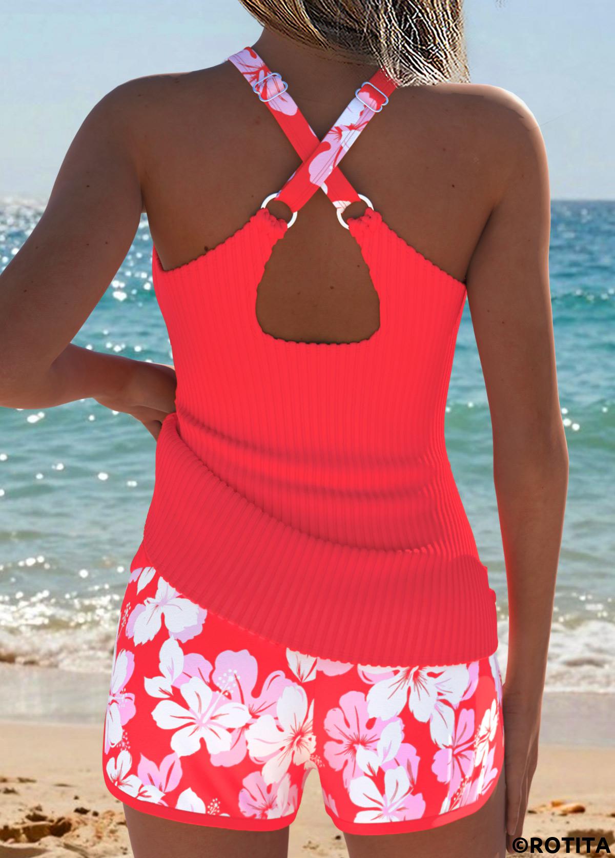 Orange swimwear,Floral swimwear,Plants swimwear,ROTITA Orange Two-piece Floral Print Mid Waisted Tankini Set