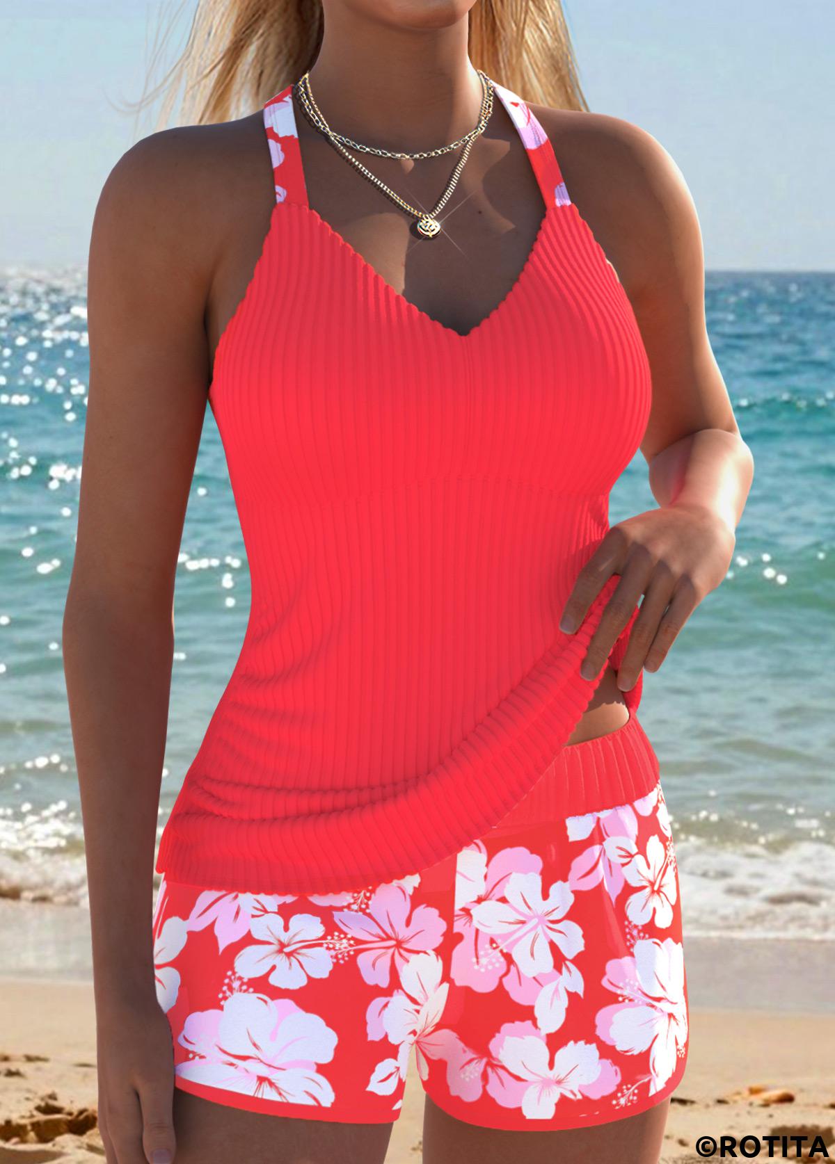 Orange swimwear,Floral swimwear,Plants swimwear,ROTITA Orange Two-piece Floral Print Mid Waisted Tankini Set