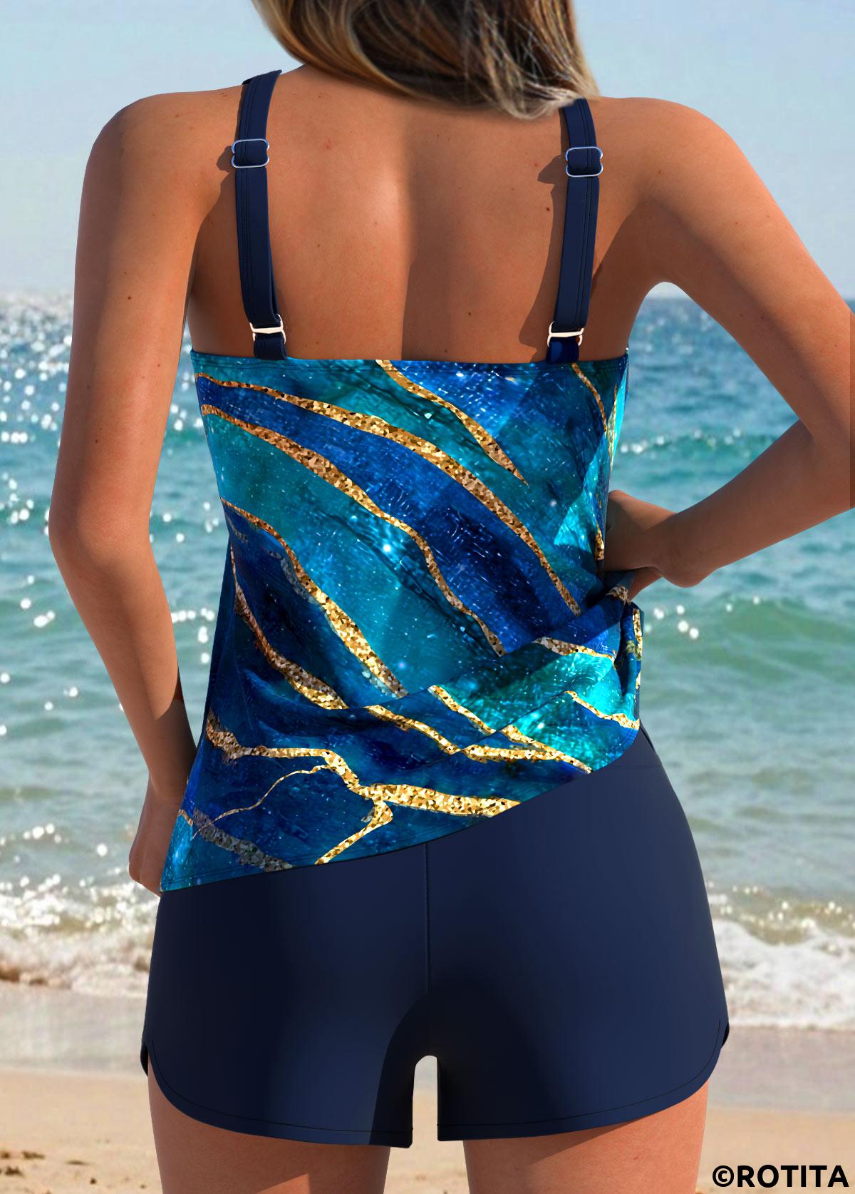 Navy swimwear,Marble swimwear,ROTITA Navy Tummy Coverage Marble Print Mid Waisted Tankini Set