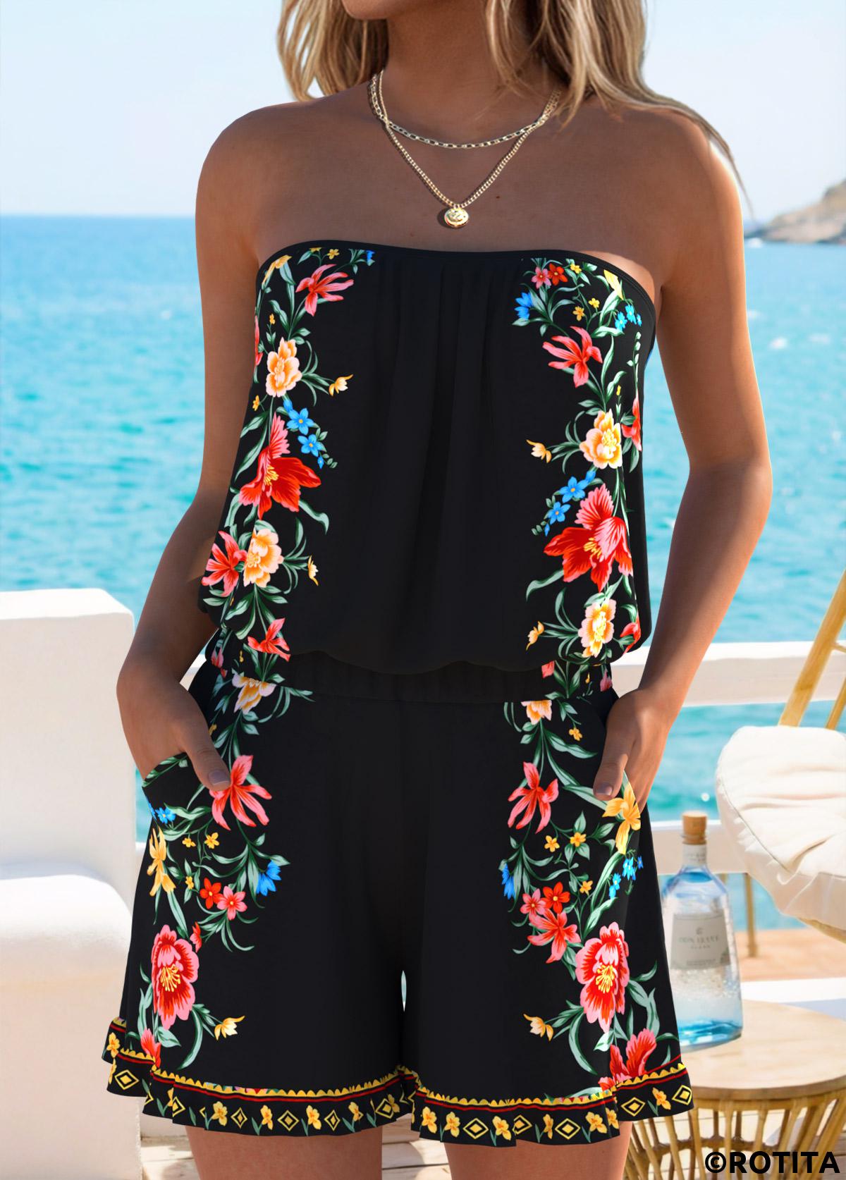 Black swimwear,Floral swimwear,Plants swimwear,ROTITA Black Ruffle Floral Print One Piece Swimwear
