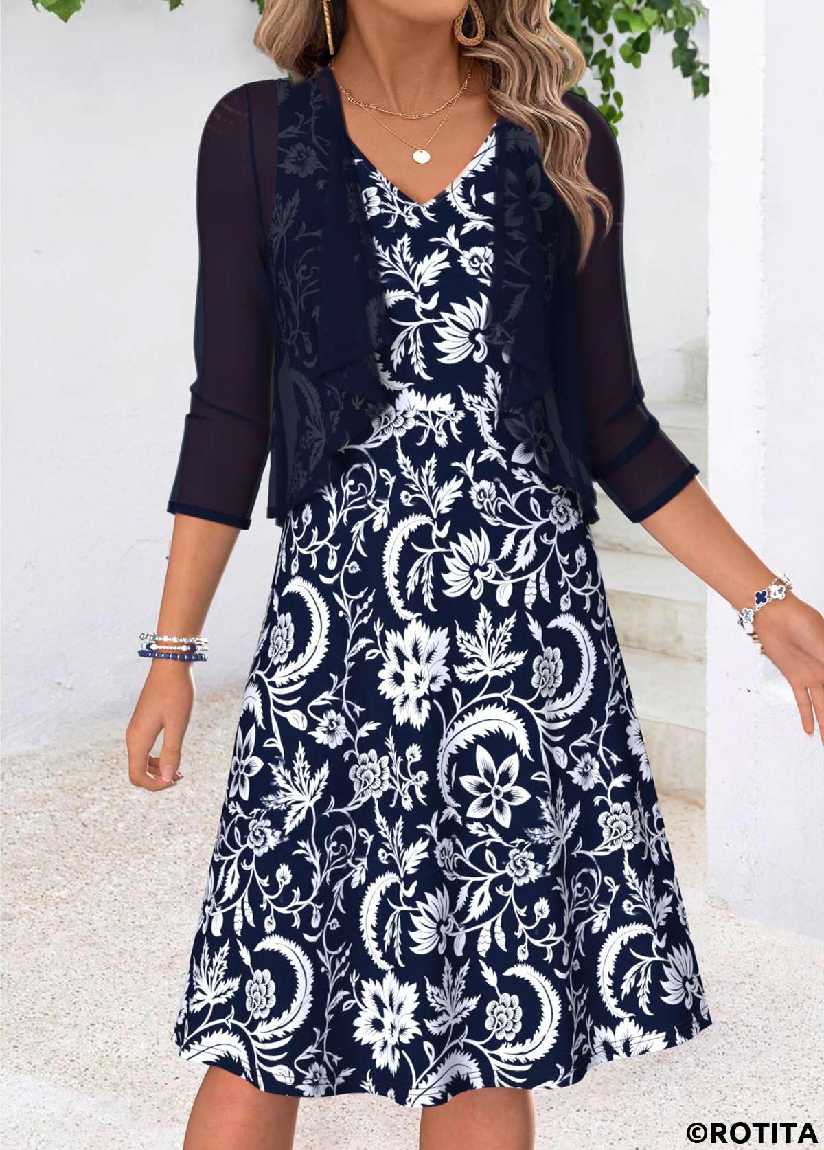 Navy dresses,Tribal dresses,Everyday dresses,Casual dresses,ROTITA Navy Tribal Print Two-piece V Neck Dress and Cardigan