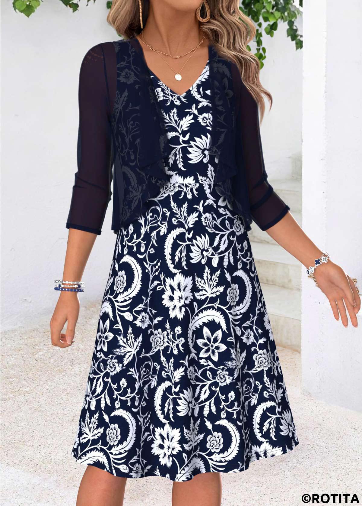 Navy dresses,Tribal dresses,Everyday dresses,Casual dresses,ROTITA Navy Tribal Print Two-piece V Neck Dress and Cardigan
