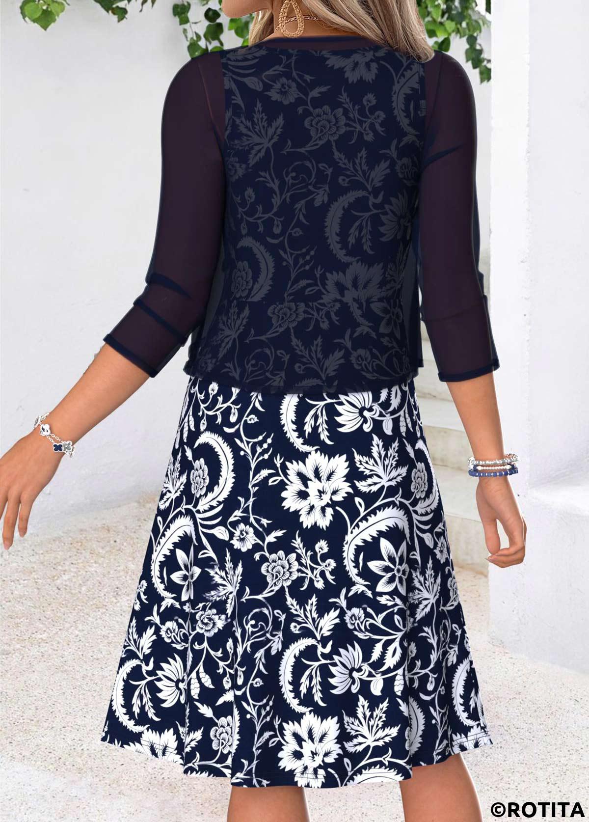 Navy dresses,Tribal dresses,Everyday dresses,Casual dresses,ROTITA Navy Tribal Print Two-piece V Neck Dress and Cardigan