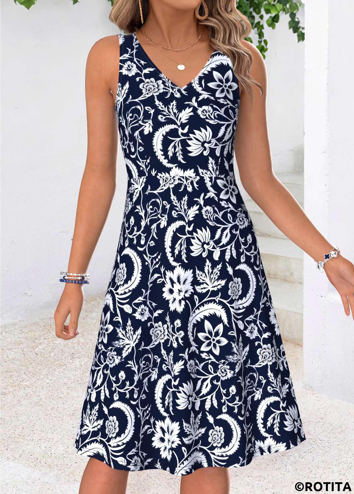 Navy dresses,Tribal dresses,Everyday dresses,Casual dresses,ROTITA Navy Tribal Print Two-piece V Neck Dress and Cardigan
