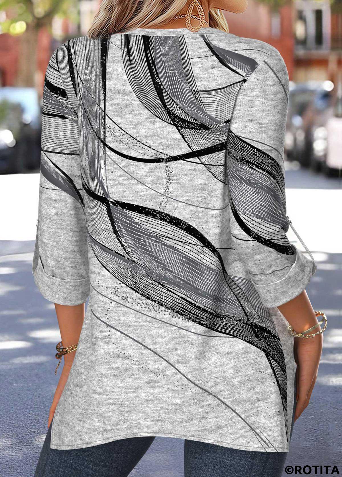 Light Grey Marl tops,Geometric tops,ROTITA Patchwork Geometric Print Light Grey Marl Split Neck Blouse