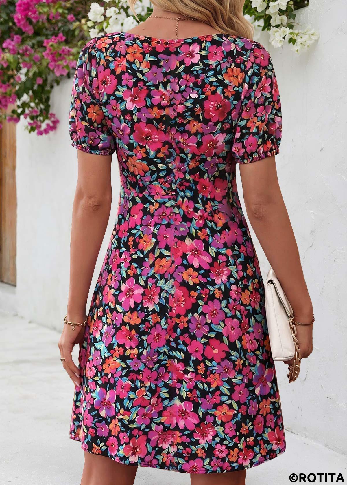 Multi Color dresses,Floral dresses,Plants dresses,Everyday dresses,Casual dresses,ROTITA Multi Color Floral Print Shirred Short Heart Collar Dress