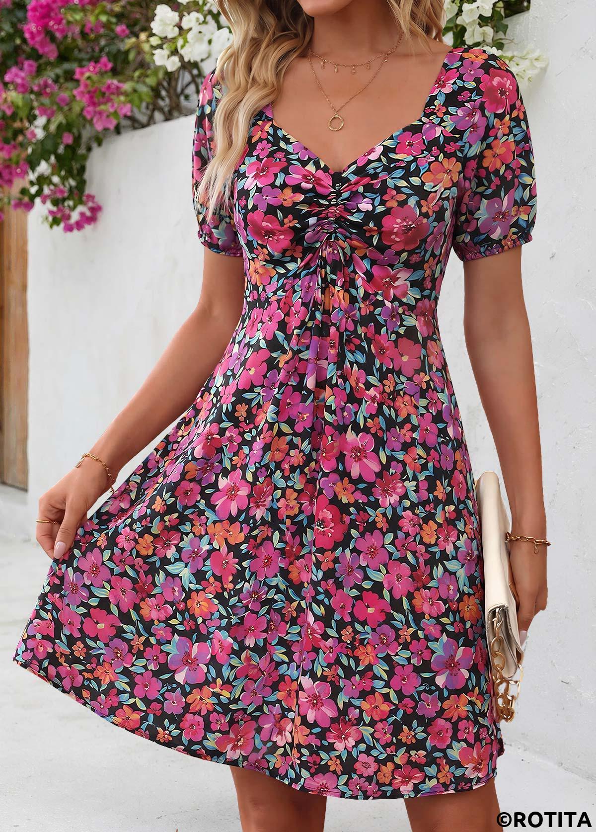 Multi Color dresses,Floral dresses,Plants dresses,Everyday dresses,Casual dresses,ROTITA Multi Color Floral Print Shirred Short Heart Collar Dress