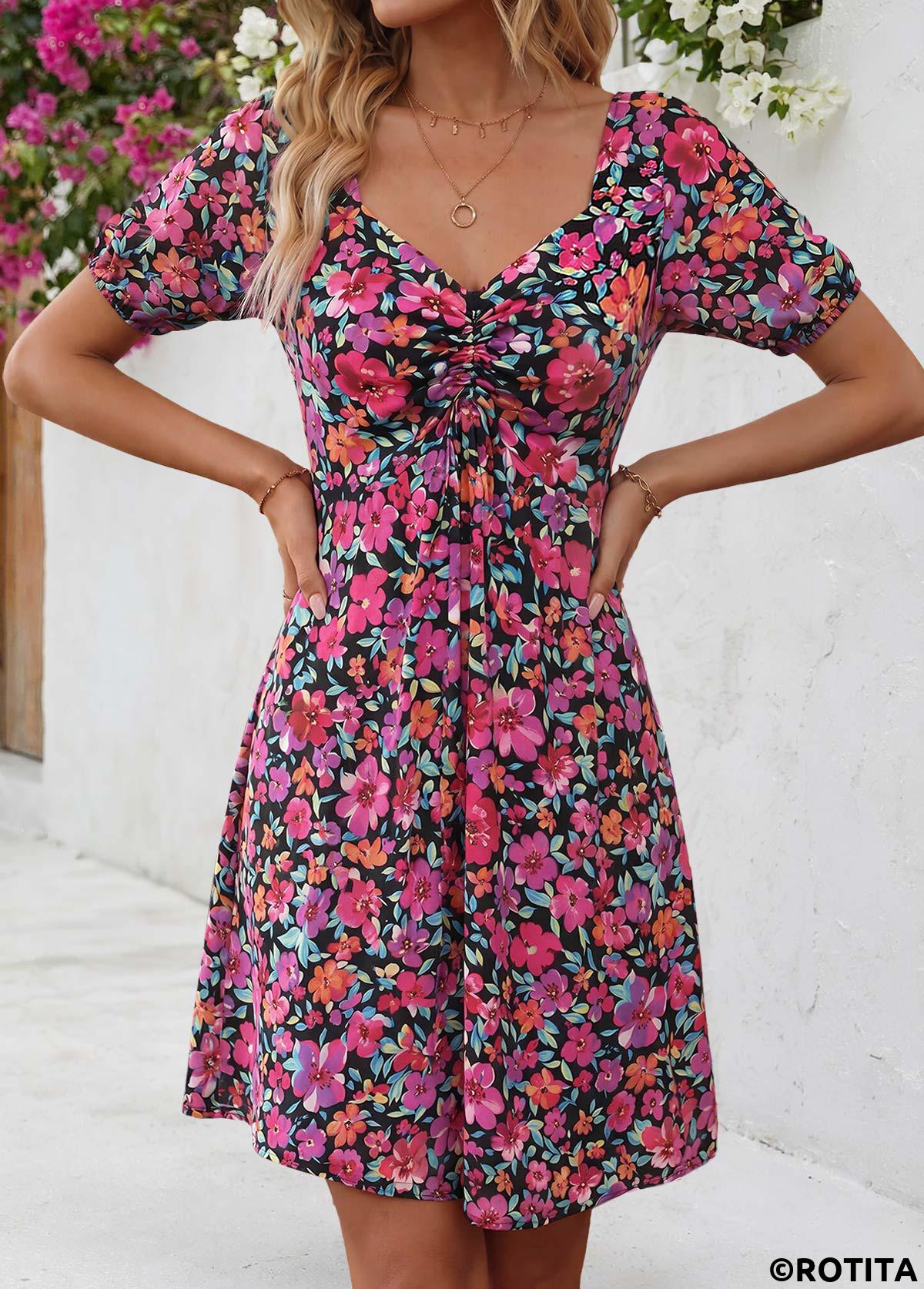 Multi Color dresses,Floral dresses,Plants dresses,Everyday dresses,Casual dresses,ROTITA Multi Color Floral Print Shirred Short Heart Collar Dress