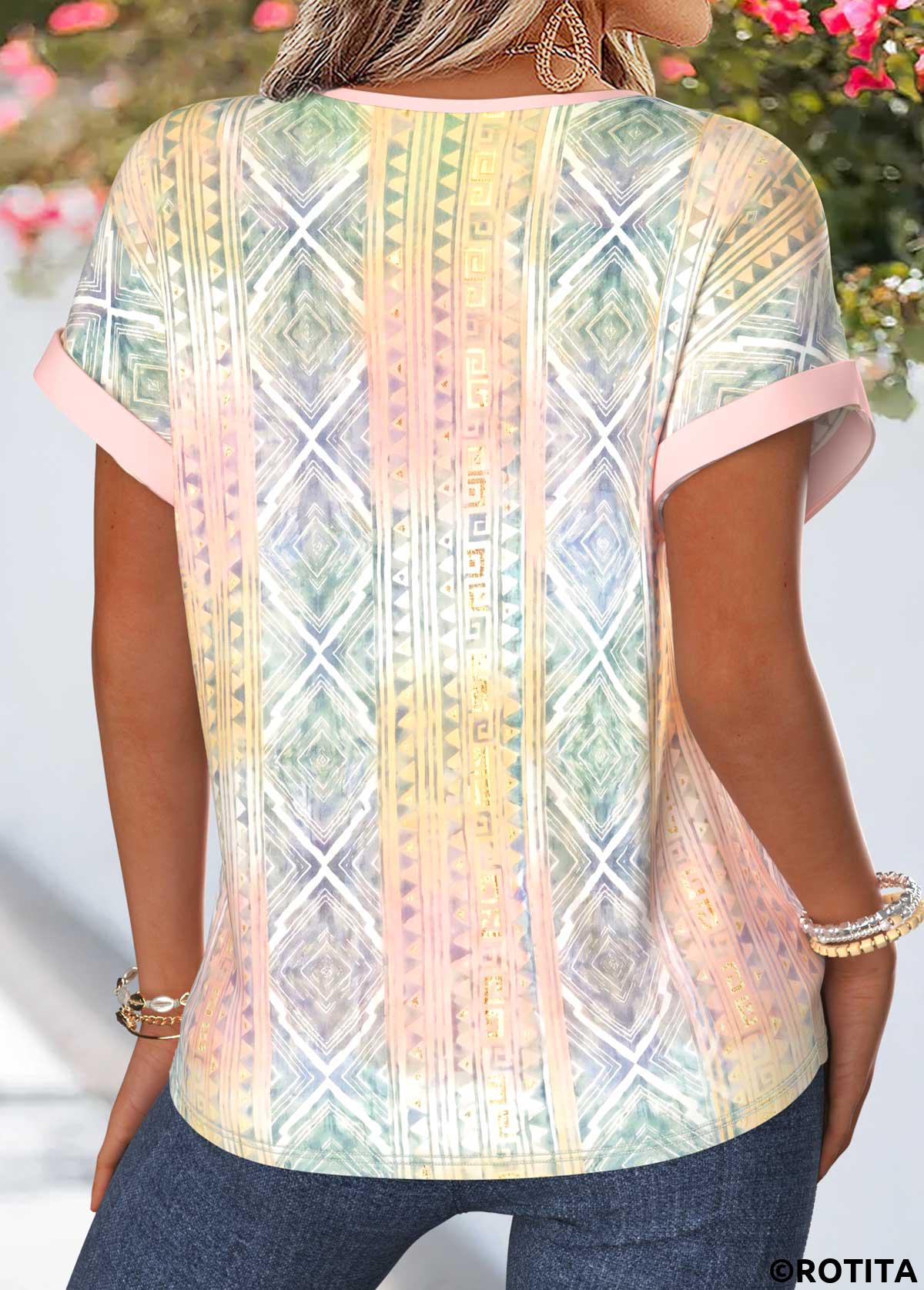 Multi Color tops,Geometric tops,ROTITA Tummy Coverage Geometric Print Multi Color Split Neck Blouse