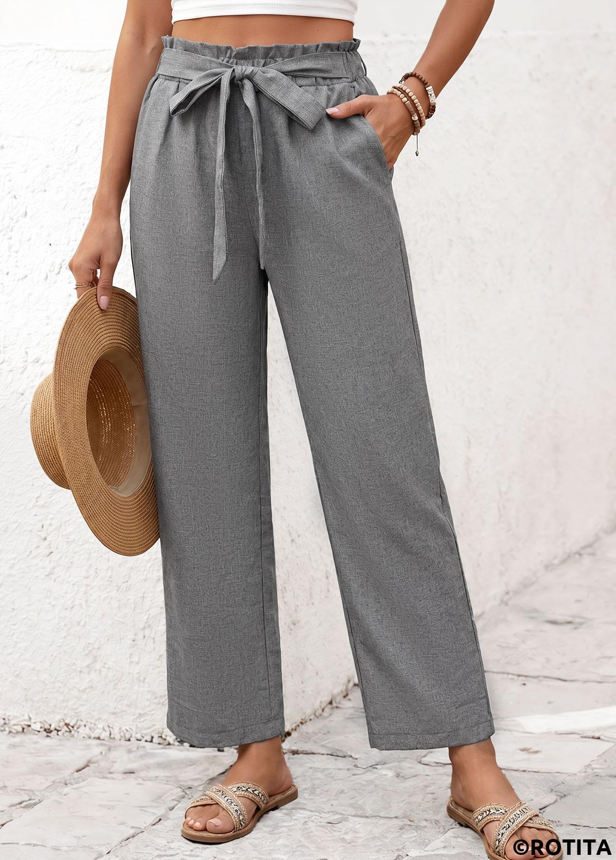 Grey bottoms,Plain Color bottoms,Grey Elastic Waist High Waisted Pants