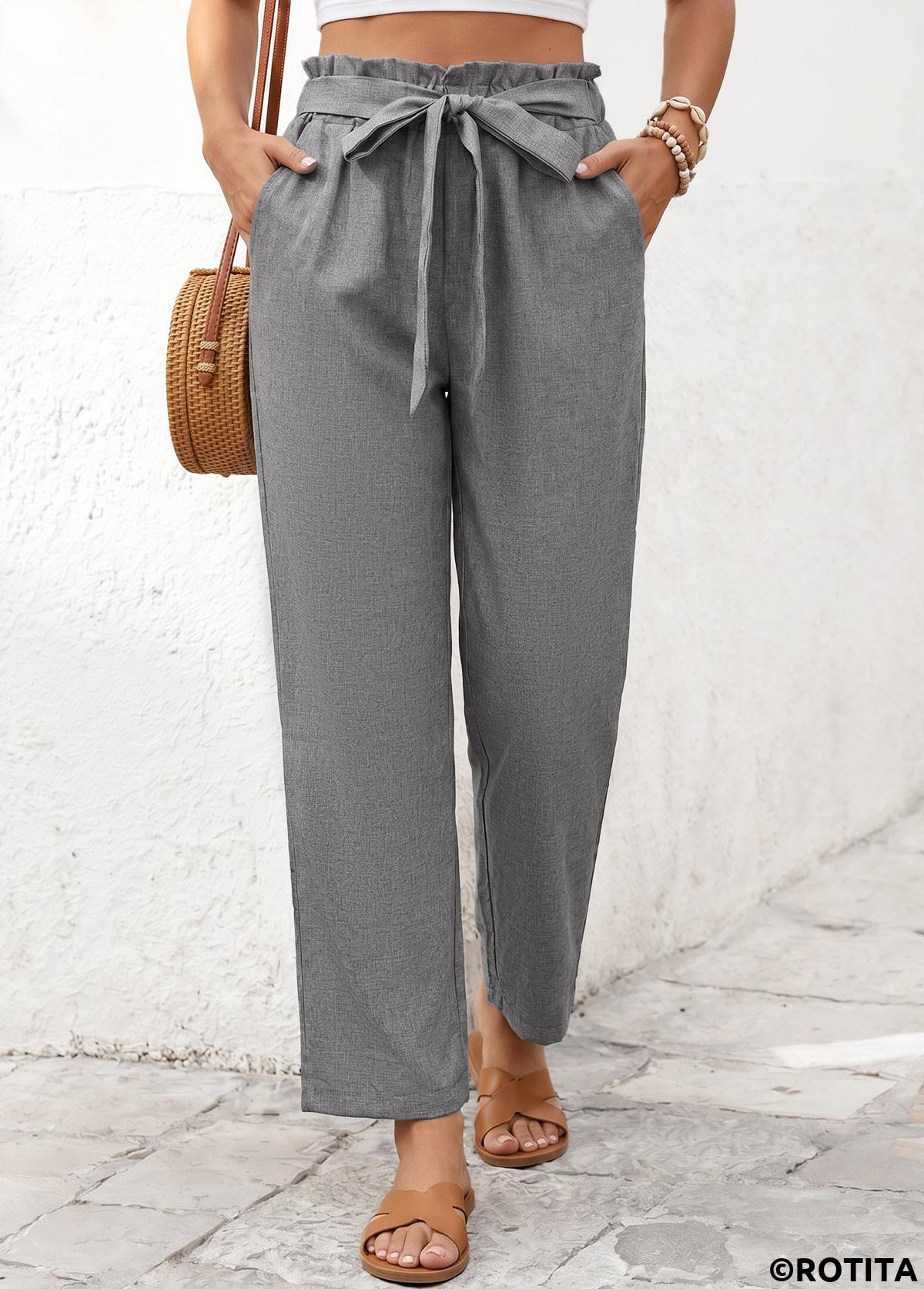 Grey bottoms,Plain Color bottoms,Grey Elastic Waist High Waisted Pants