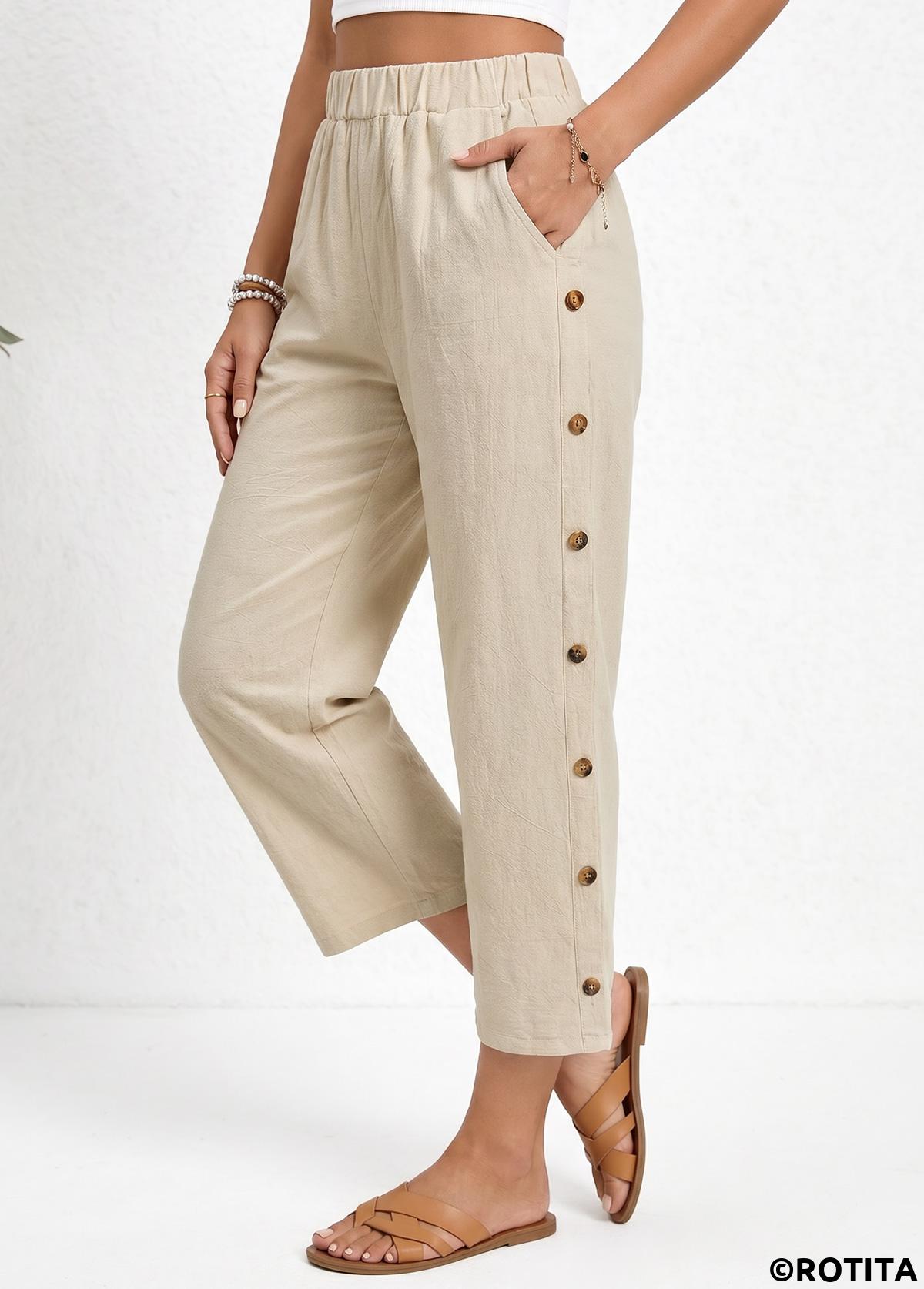 Light Coffee bottoms,Plain Color bottoms,Light Coffee Straight Leg Elastic Waist High Waisted Pants