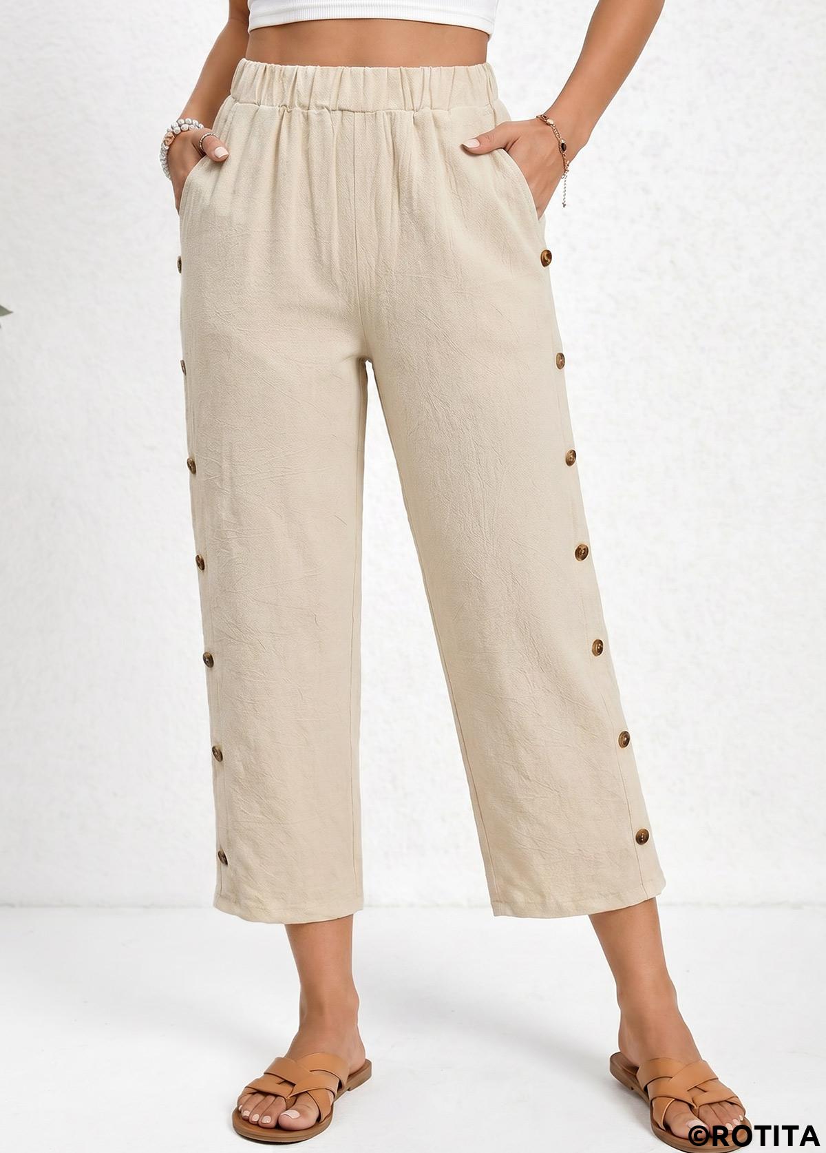 Light Coffee bottoms,Plain Color bottoms,Light Coffee Straight Leg Elastic Waist High Waisted Pants