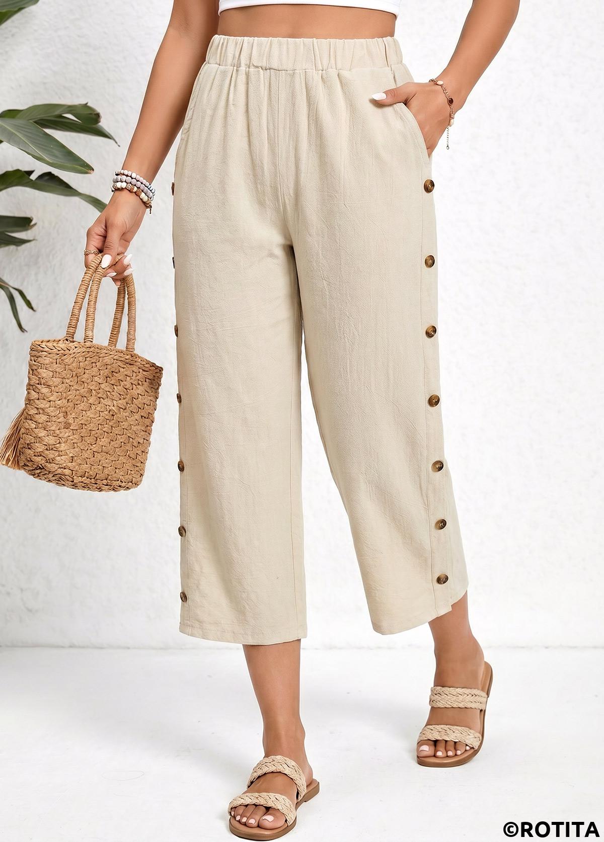 Light Coffee bottoms,Plain Color bottoms,Light Coffee Straight Leg Elastic Waist High Waisted Pants