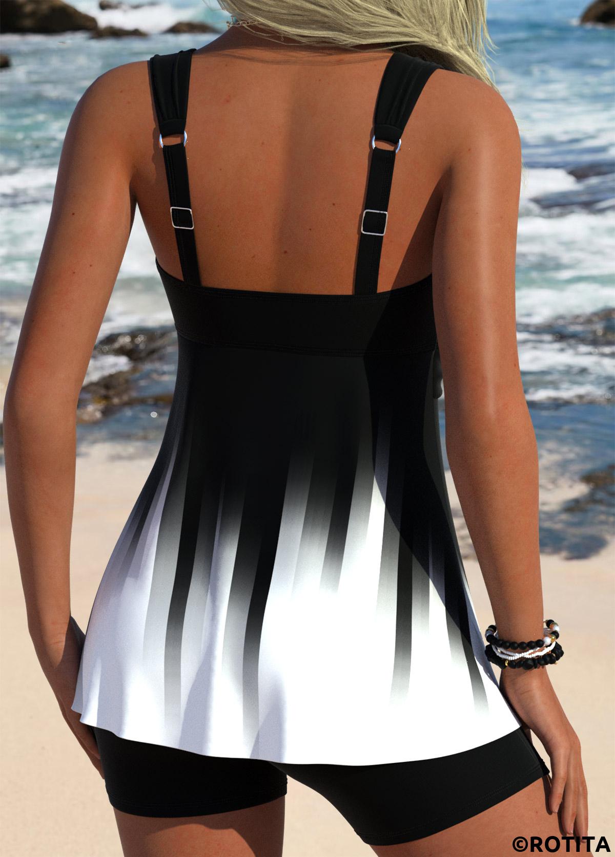 Black swimwear,Ombre swimwear,ROTITA Black Surplice Ombre Tankini Swimwear Top
