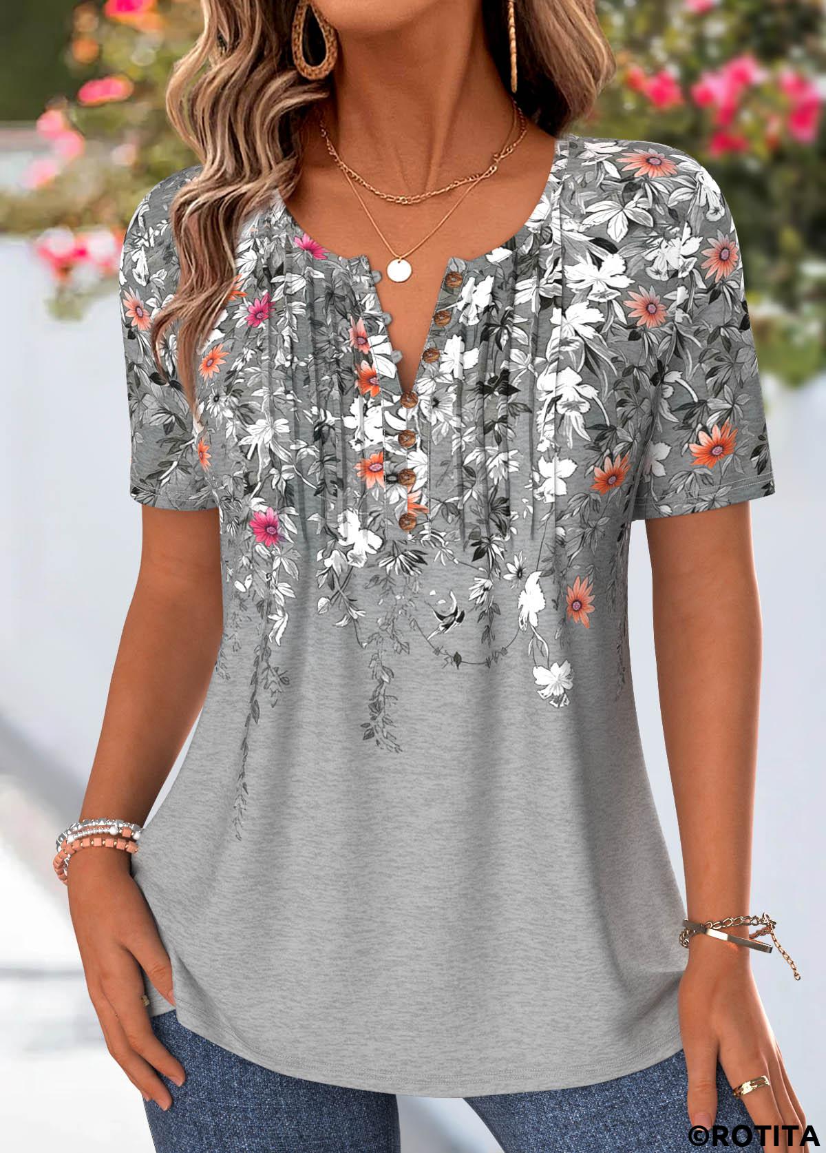 Grey tops,Floral tops,Plants tops,ROTITA Tuck Stitch Floral Print Grey Round Neck T Shirt