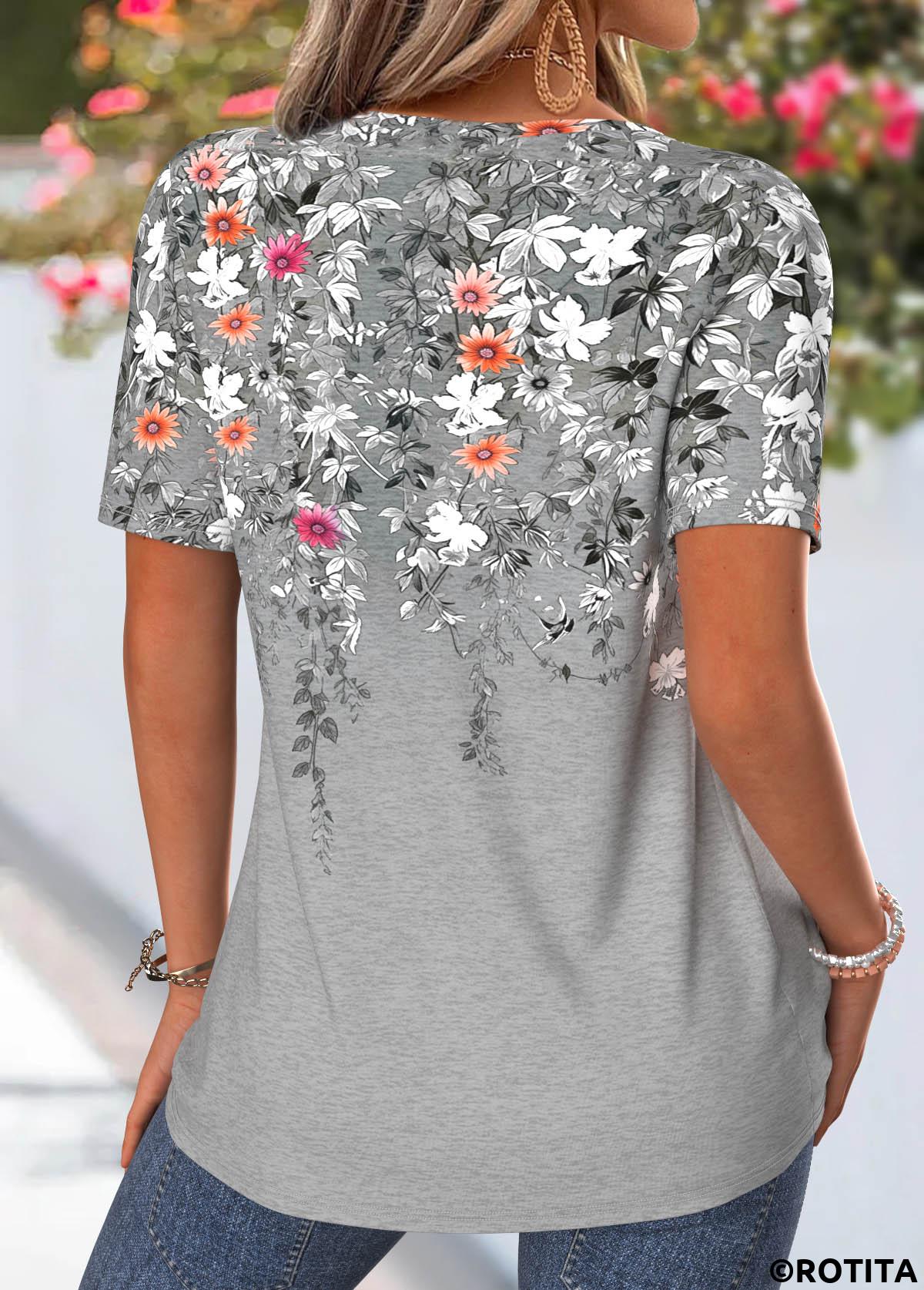 Grey tops,Floral tops,Plants tops,ROTITA Tuck Stitch Floral Print Grey Round Neck T Shirt
