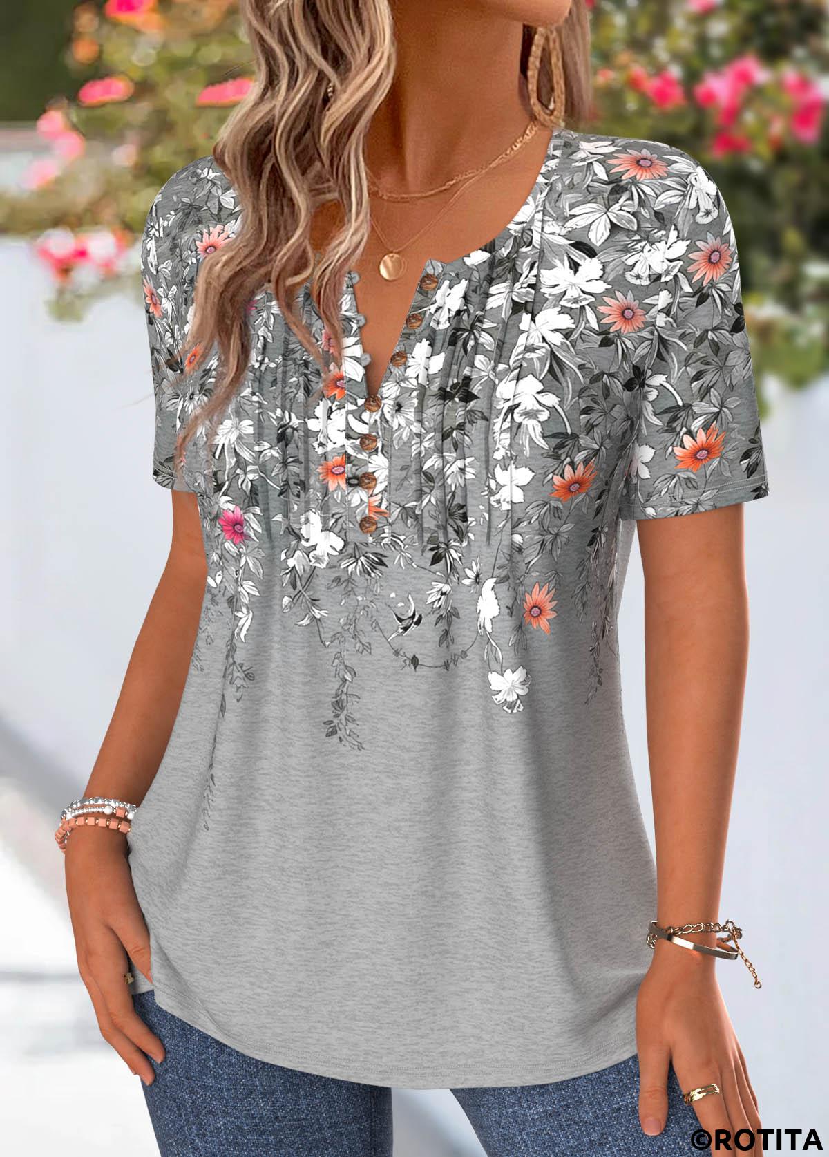 Grey tops,Floral tops,Plants tops,ROTITA Tuck Stitch Floral Print Grey Round Neck T Shirt